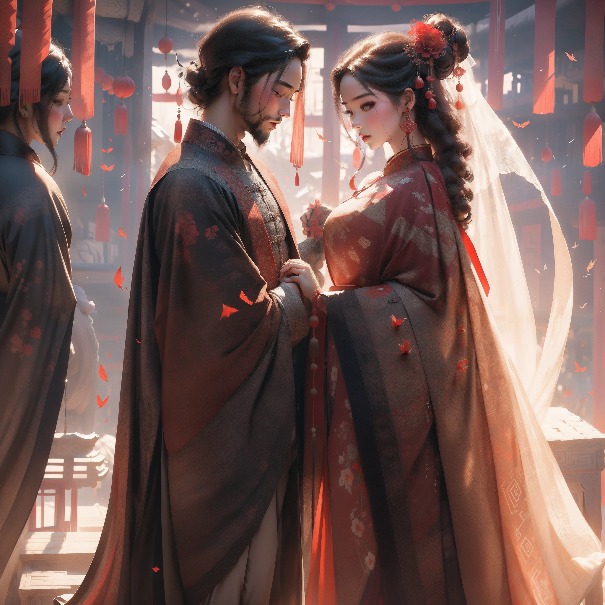 Ancient Chinese weddings,A man and a woman bowed down to the two old men,The woman is dressed in red,With a veil,The man was dressed in red,With a big red flower on his chest,2d,8k,Red rendering