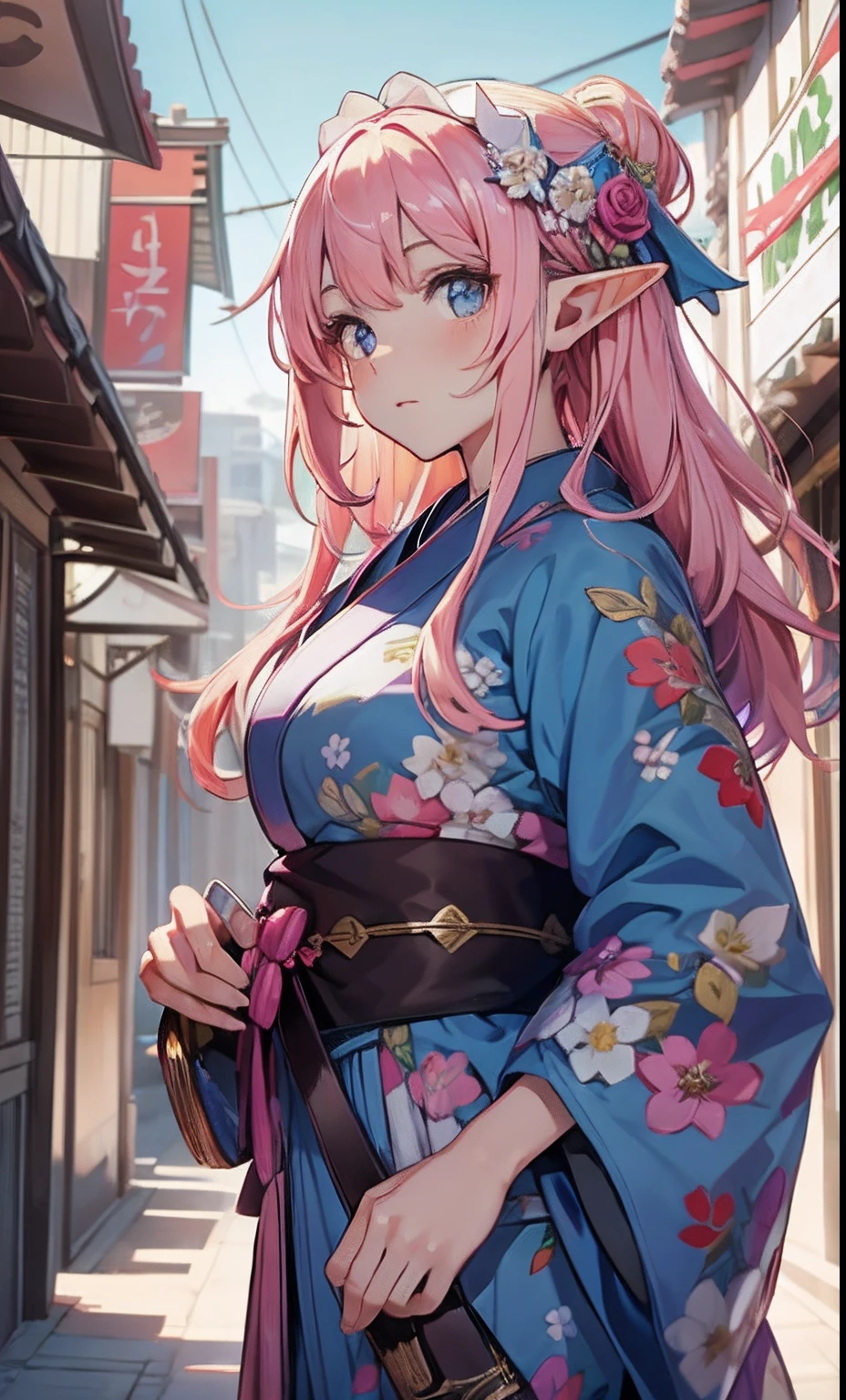 best qualityer,tmasterpiece,Ultimate resolution,downy,Extremely colorful,Colorful,western regions,elf girl, Dancer,pink hairbl,yukata costumes,flowers in hair, veils,Normal posture