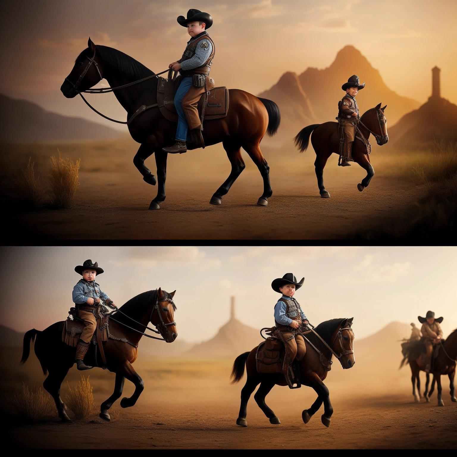 Baby Adolph hitler as a cowboy, riding a Pygmy pony, concept art, 4k, steampunk