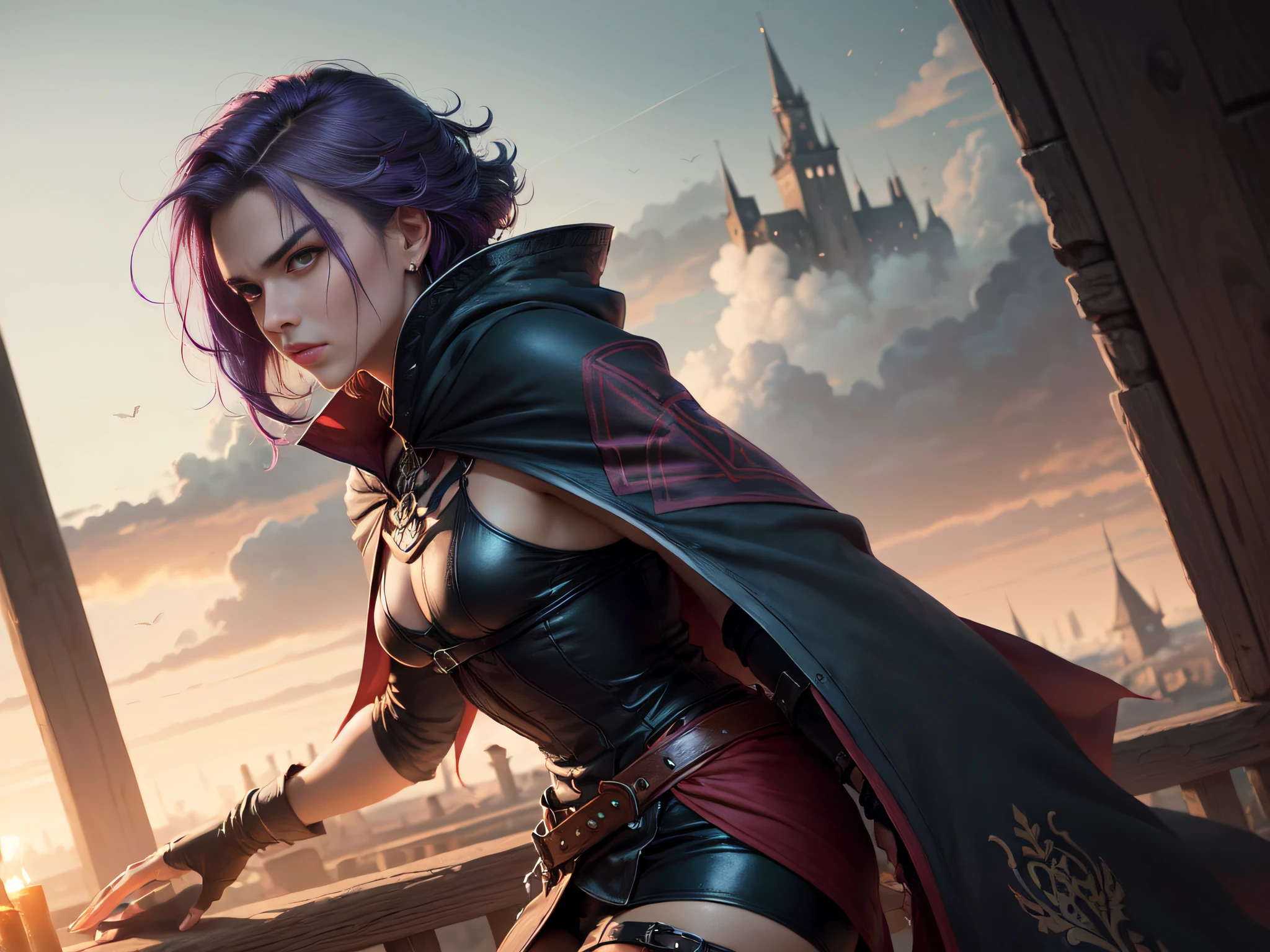 (superfine illustration, Best Quality, Ultra-detailed, Correct delineation, Perfect fingers, Perfect hands, Medieval fantasy:1.5), (unapproachable assassin, Male Focus, Solo:1.5), (right position, From the right side, tailwind:1.5), sucker punch, (Assassin's Costumes, Assassin's Cloak, Fingerless gloves:1.5), Midnight town as background, male hair, Extremely short hair, Purple hair,