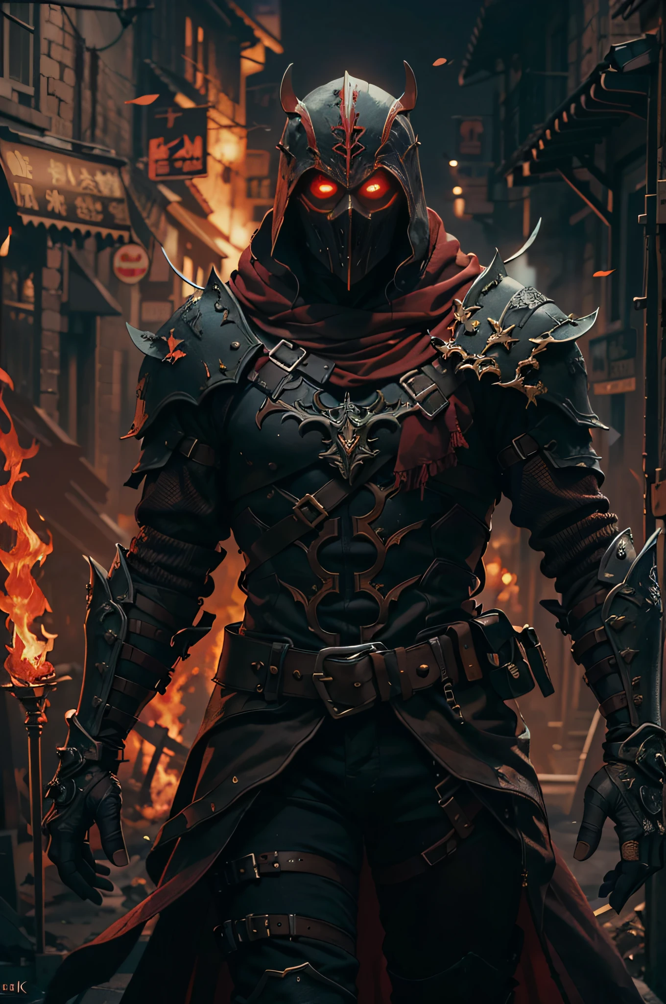 (ultra-detailed CG unity 8k wallpaper, masterpiece, best quality, depth of field, HDR, intricate), tall sinister dark killer wearing a metal mask with bright red eyes of dark and light armor with a discreet red cape behind with sharp daggers in his arms walking in a burning village, (intricate: 1.4) (masterpiece: 1.4) (illustration: 1.4), red studio lighting, post-processing, 8k resolution, dark background, imposing, meticulously composed photos, impressive, dark fantasy (by Greg Rutkowski: 1.2), (by daarken: 1.5)