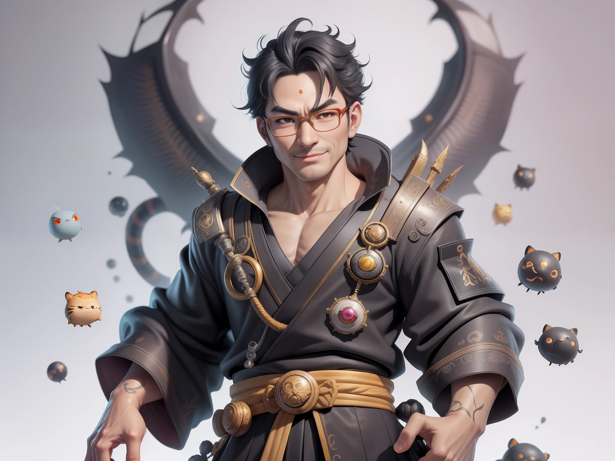 (Masterpiece), (Excellent), (Super Meticulous), (Full Body: 1.2), Super Young Man with Japanese Female Geisha, Pretty, Beautiful, Chinese Dragon, Tiger, Wind God Thor, Sexy, Bursting, Oriental Face, TV Anchor, Bust Portrait Illustration, Black Suit, Blue Tie, Slightly Chubby Face, Silver Glasses, Very Clean Face, No Beard on Chin, Black Super Short Hair, Black Eyes, Confident Smile, 3c Computer Sub-Products, iPad, iPhone, Digital Painting, 3D character design by Mark Clairedon and Pixar and Hayao Miyazaki and Akira Toriyama, the illustrations are HD illustrations in 4K resolution with highly detailed facial features and cartoon-style visuals.