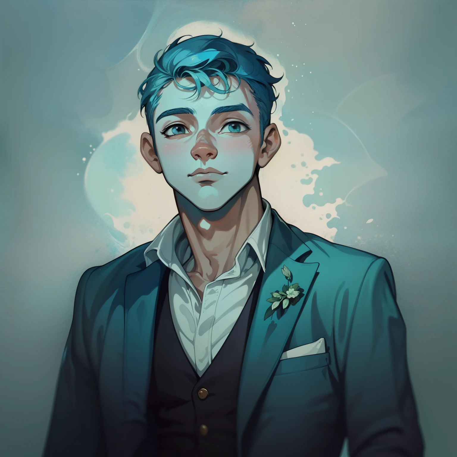 adesivo, fundo simples, portrait, 1 boy, boy with short hair, beautiful pisces boy, pisces aesthetic, beautiful boy, very beautiful fantasy art, beautiful and elegant male pisces, beautiful detailed fantasy, light green and blue color palate, blue color-theme