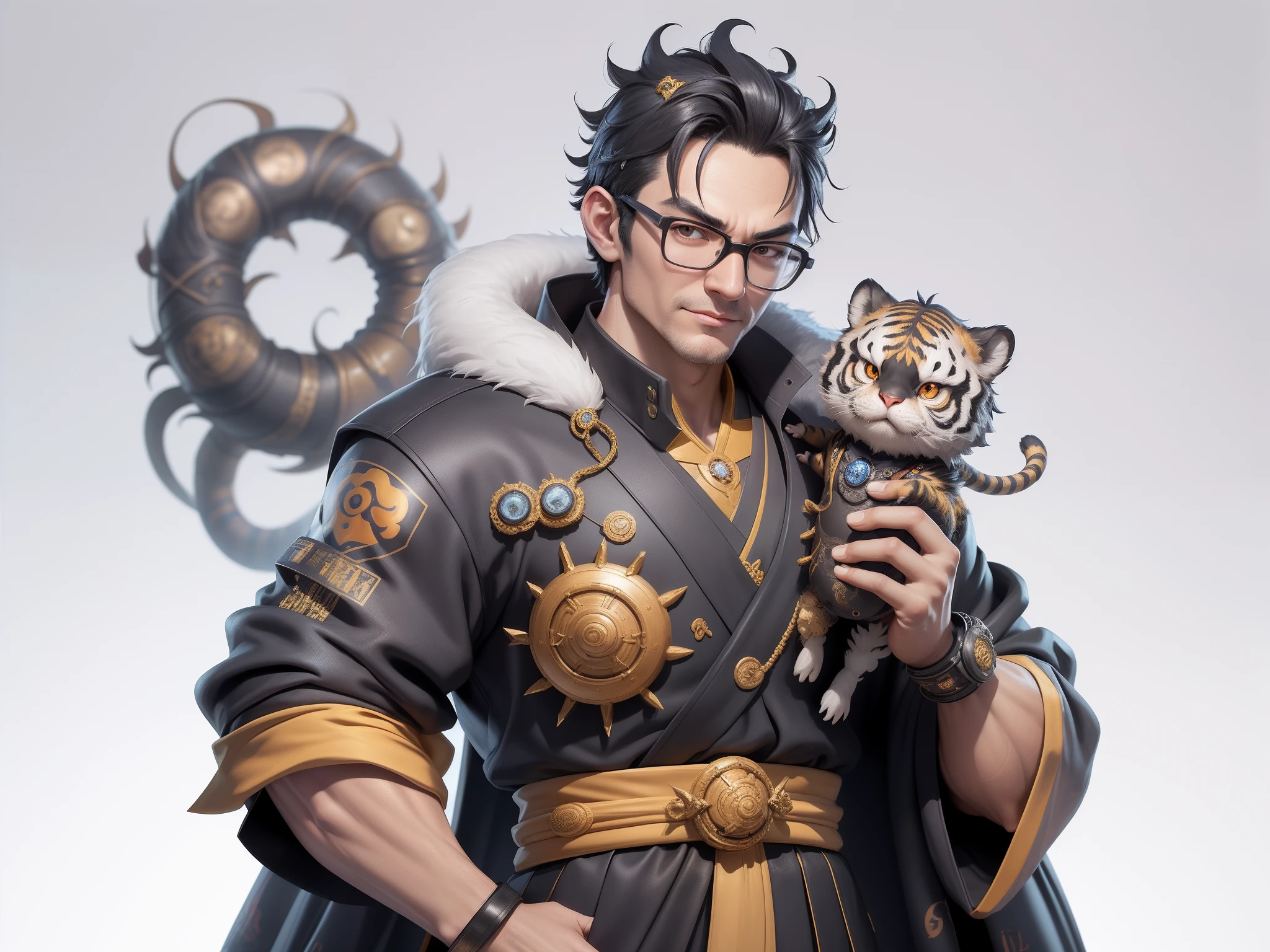 (Masterpiece), (Excellent), (Super Meticulous), (Full Body: 1.2), Super Young Man with Japanese Female Geisha, Pretty, Beautiful, Chinese Dragon, Tiger, Wind God Thor, Sexy, Bursting, Oriental Face, TV Anchor, Bust Portrait Illustration, Black Suit, Blue Tie, Slightly Chubby Face, Silver Glasses, Very Clean Face, No Beard on Chin, Black Super Short Hair, Black Eyes, Confident Smile, 3c Computer Sub-Products, iPad, iPhone, Digital Painting, 3D character design by Mark Clairedon and Pixar and Hayao Miyazaki and Akira Toriyama, the illustrations are HD illustrations in 4K resolution with highly detailed facial features and cartoon-style visuals.