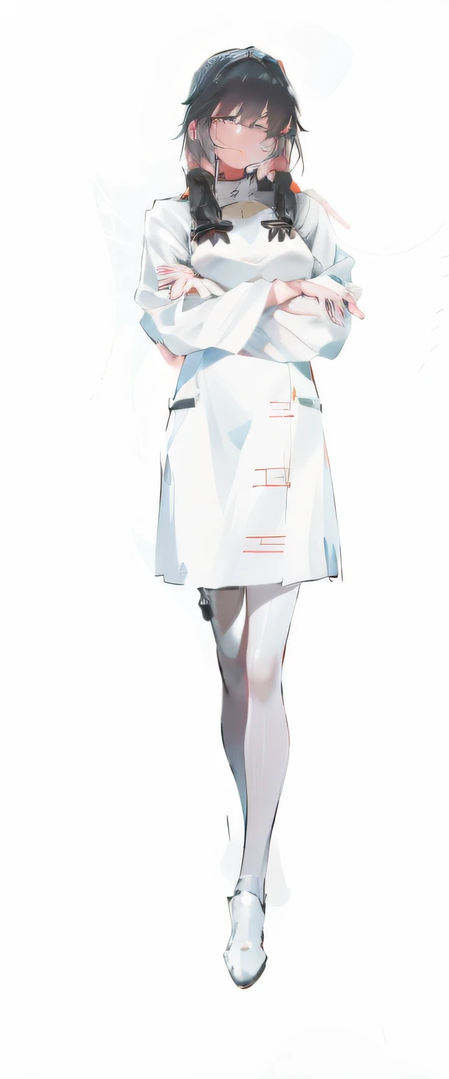 There was a woman in a white dress and black shoes, White coat, full-body xianxia, anime full body illustration, render of april, made with anime painter studio, Full body illustration, Smooth anime CG art, full body portrait of a short!, from girls frontline, Yandere. Tall, White ( cat ) Girl, full-body portraits, With a lab coat