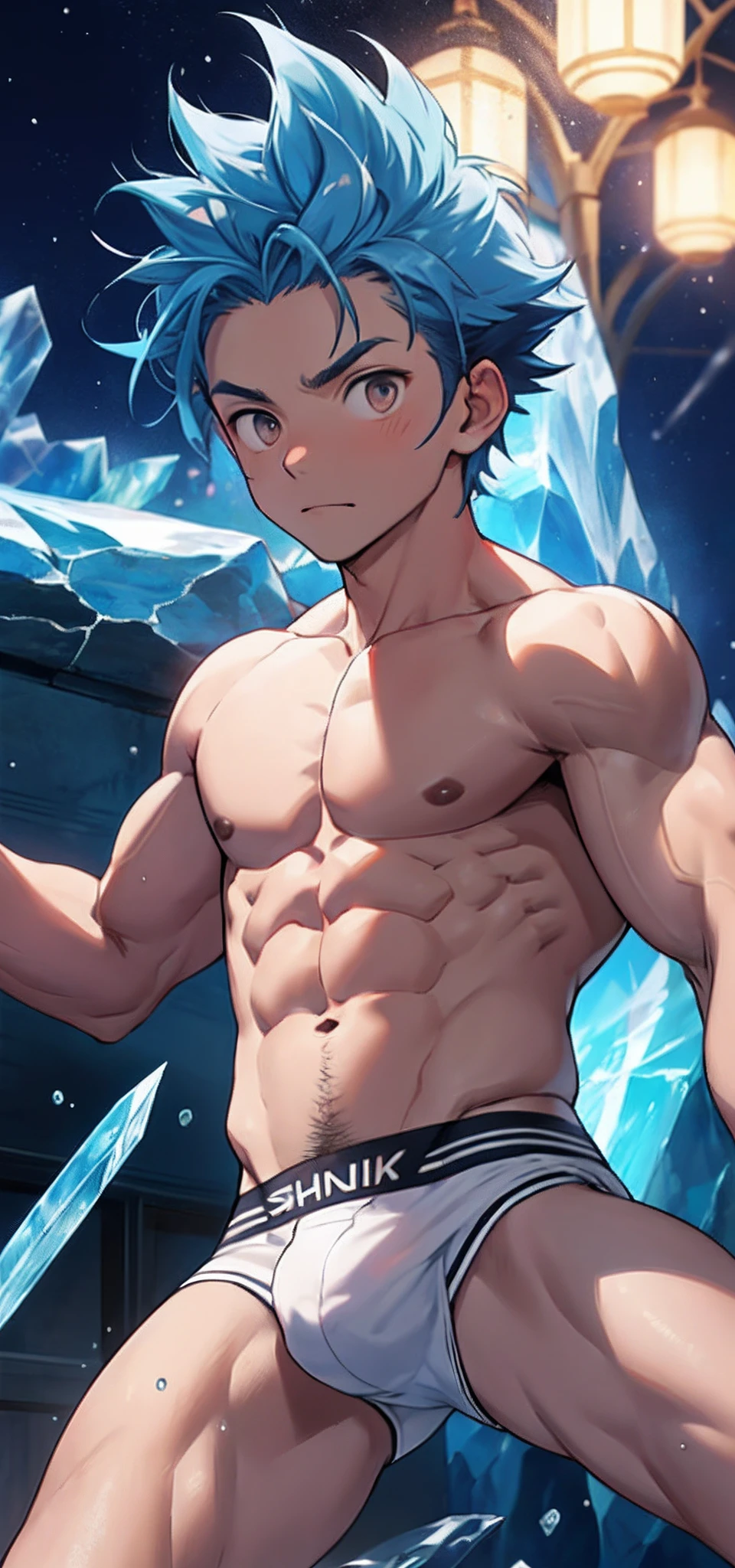 (masterpiece, best quality),Male children,nakeness,Short bright blue hair,A young boy with,younge boy,Kid's face,adolable,infancy,Young age,Short round face,Flat chin,children's,infancy,(Kid's face),Land of Crystals,ice field,Pink belly hair,Pink chest hair,Pink pubic hair,Young age,Flat chin,Fine face in detail,Clean skin,White men's briefs,musculous,Short bright blue hair,Bright Hair,White eyes,Keep your eyes wide open,nakeness,Very narrow low-rise white briefs,White briefs,Pectoralis abdominal muscles,Broad body,Strong and well-developed muscles,Shimmering like a diamond, it shines like a crystal,Bright and vivid colors,(depth of fields:1.2),Positive audience,looking at viewert,the night,Holy,Light-sensitive,byself,are standing,spreads her legs apart,Close-up Shot Shot,glowing,Fluorescent effects