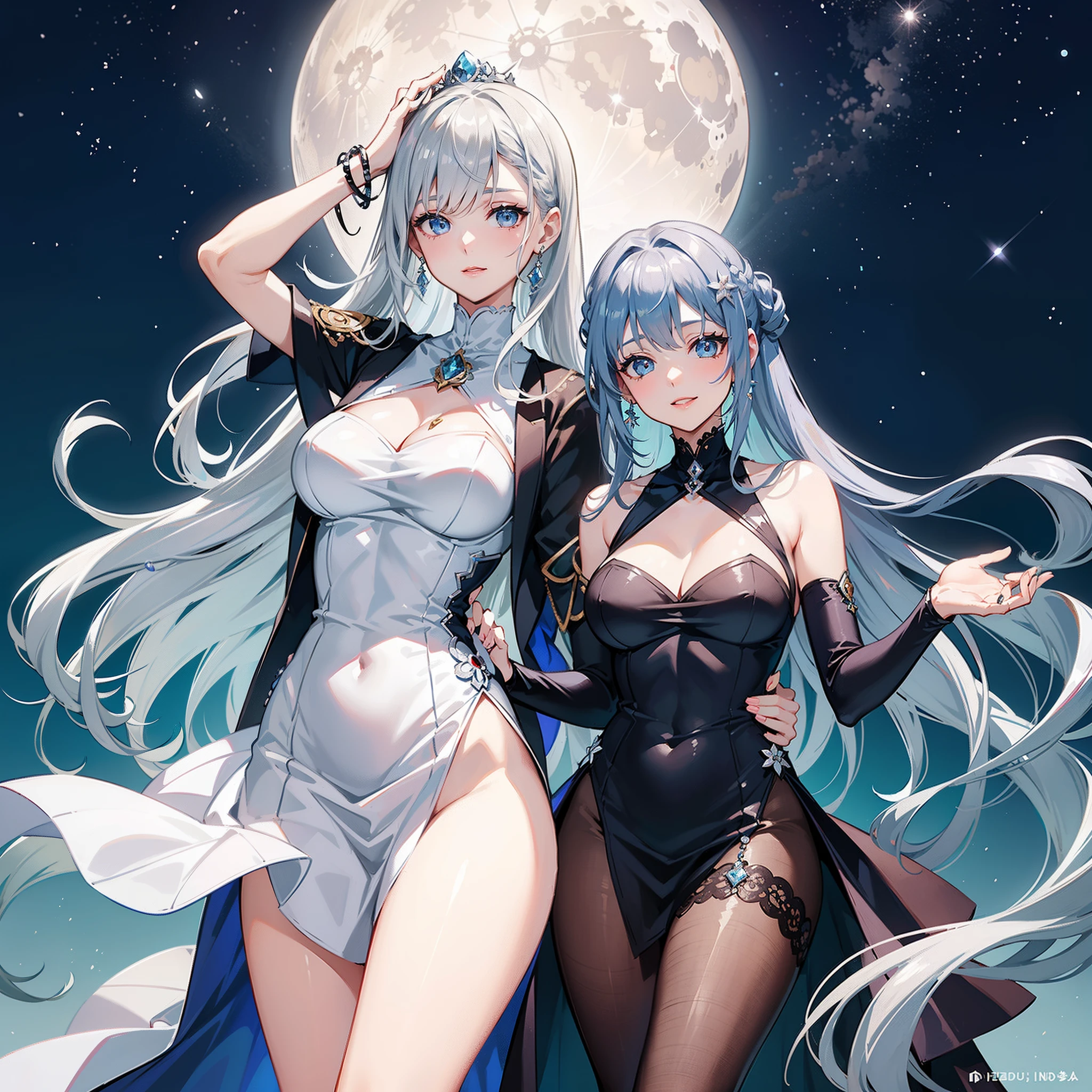・((Original Characters)): (a moon)
・((Volume Lighting)): (Receiving bright sunlight、Hair shines)
・((portlate)): (clear blue eyes of round shape,,,,、Characteristic smile)
・((hair style)): (Soft gray hair、Medium height wavy hair)
・((Hairpin)): (Silver hairpin in the shape of a moon)
・((makeups)): (Pale pink blush lipstick、Casual eyeliner)
・((garments)): (Elegant one piece dress in blue and silver)
・((accessorized)): (Silver Teardrop Earrings、Bracelet in the shape of the moon)
・((the pose)): (Smile and wave、Welcoming attitude 1.3)
・((Background with)): (white blossoms々Inside、lush garden)
( (Deep appreciation))
・((Quality and detailed evaluation)): (One hair at a time、Or even the delicate embroidery of the dress、Luxurious texture:1.25)
（1人の女性：1.1）