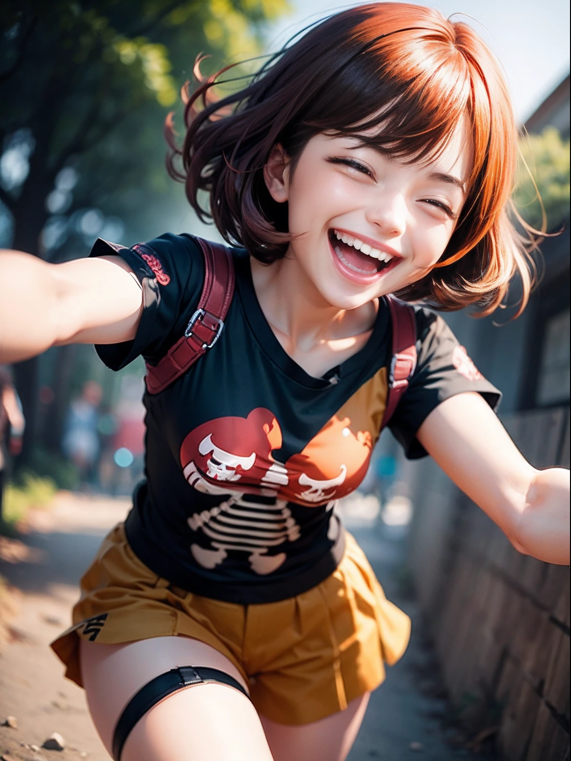 1girl in(((Laughing)))、Reaching the climax:1.3, short-cut、masutepiece、Bottoms are randomly generated、( Skeleton illustration printed shirt )、red and dense hair、Red GI Cut、Background bokeh:1.5