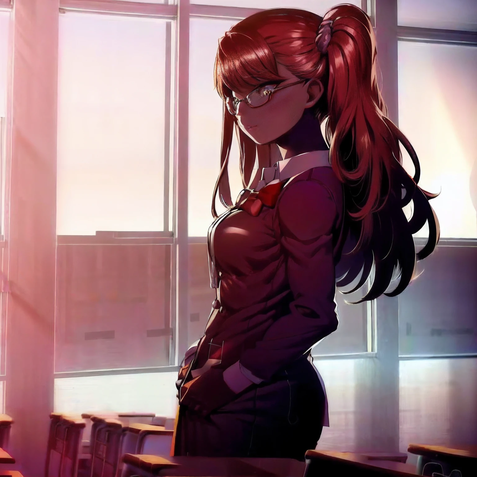 nogami_izumi, school uniform, red eyes, hair scrunchie, classroom, masterpiece, best quality, (((glasses))), ((rim-less eyewear)), (((mature female))), tall, beautiful, medium breast, milf, (eyewear:0.9)