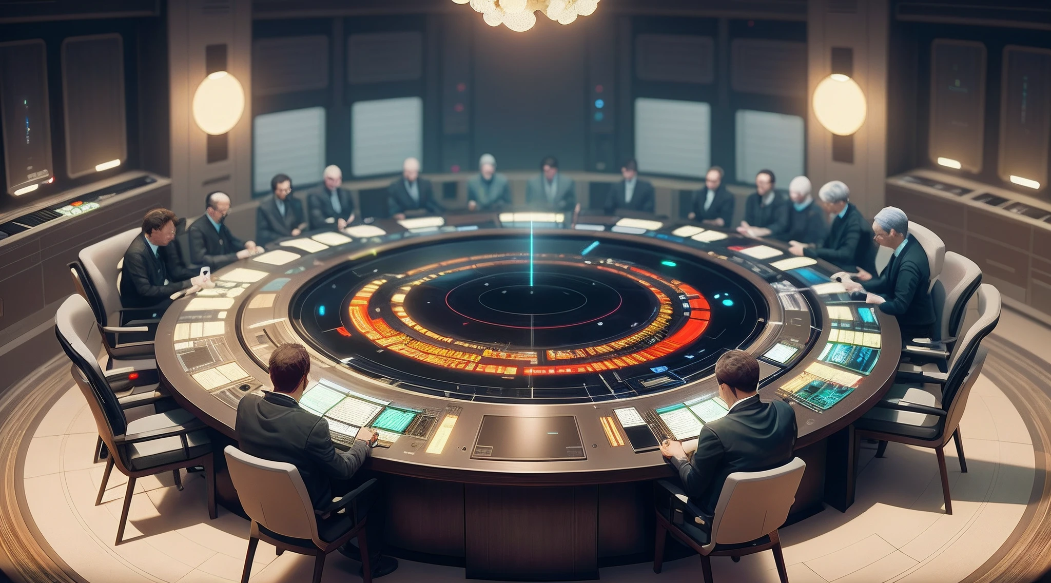 There were a lot of people in the room sitting around a large table, beeple and greg rutkowski, beeple. hyper photorealism, beeple and mike winkelmann, Beeple e Tim Hildebrandt, beeple |, author：beeple, beeple art, beeple artwork, artgem and beeple masterpiece