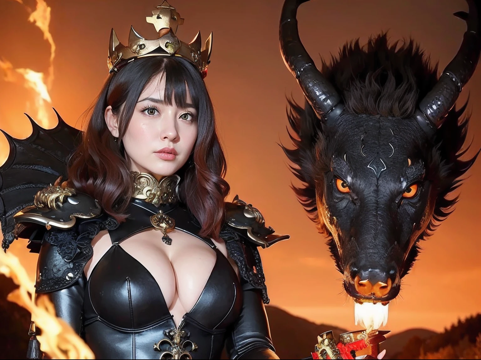Professional , masterpiece、top-quality、photos realistic , depth of fields (Gemstone Black Metal Body:1.9),(Enamel Black、(cleavage of the breast)、(Chinese Dragon)、(detailed and realistic face)、Dragon Gold Weapon(Dragon Metal Body:1.4),Gorgeous gold weapons ,(( Dragon's dense and gorgeous sword)) , 、blood splashing、 ,warhammer 40k , adepta sororitas,Detail and gorgeous crown、((Brown hair))、(The dragon)、(Castle background)、The dragon、((Gangle's forest background))、Beautiful Caucasian beauty、(1a person)、dynamic ungle,(((Detailed and ornate Black Devil Crown)))、Smaller head、A smile、Castle background、Thin and beautiful female hands、cleavage of the breast、Mystical expression、Light Effects、Wind-effect、magic circles、With the legendary magic wand、(demonic wings)、Toostock、