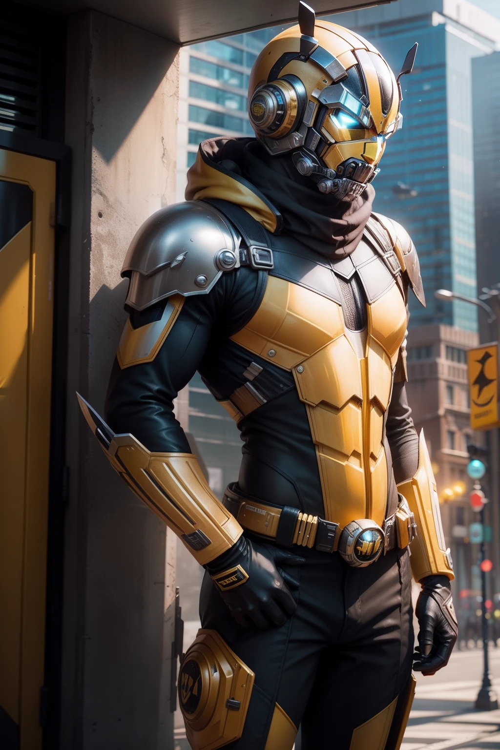 Bumblebee, solo man, fantastic, detailed, reality, mystical setting and future city