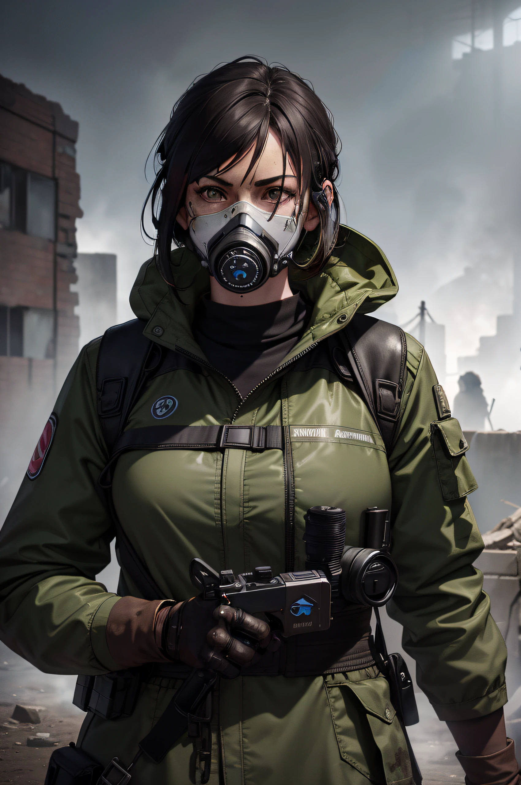 apex legend, face mask:0.1, breathing tube:0.5, headphone, lunar helmet, full body, in country side, villiage, polluted, foggy, volumatric lighting, VintageHelper, lens effects, glare, bloom,