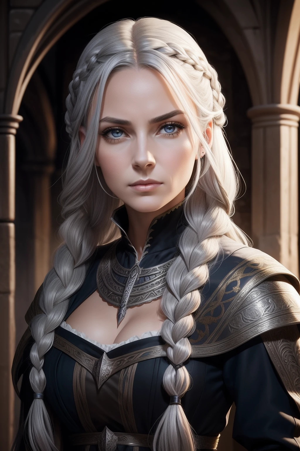 (character design sheet: 1.5) by larry elmor, extremely beautiful female vampire, blond hair, long hair, red eyes, pale skin, wearing intricate dress, holding a (sword: 1.1), high details, best quality, 16k, RAW, [best detailed], masterpiece, best quality, (extremely detailed), full body, ultra wide shot, photorealistic, dark fantasy art, goth art, RPG art, D&D art, aHigh Detail, Ultra High Quality, High Resolution, 16K Resolution, Ultra HD Pictures, Ultra Realistic, Clear Details, Realistic Detail, Ultra High Definition hihelz, wearing collar