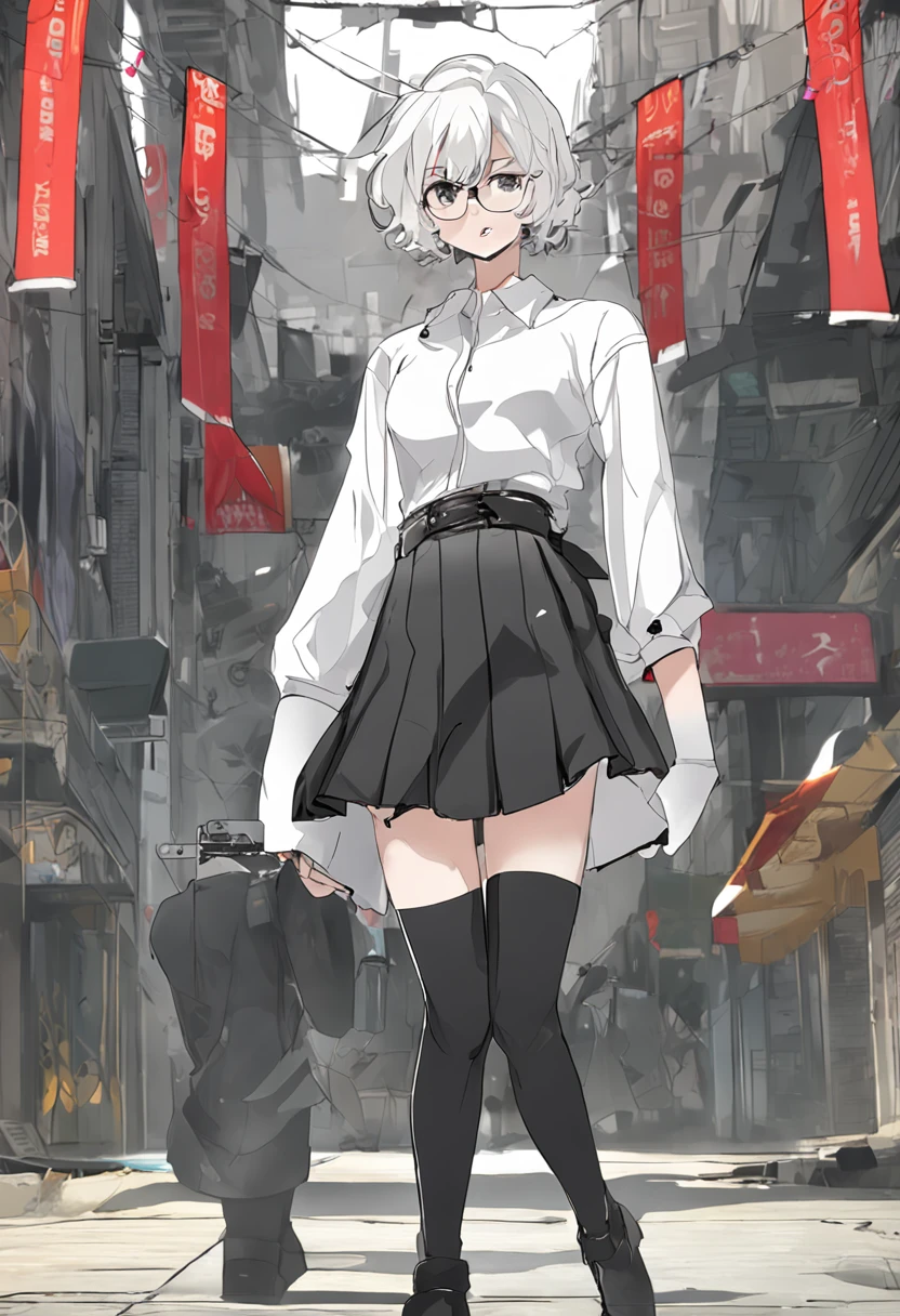 ((Masterpiece, Best quality)), (1girll), (Solo), (female focus), (ahoge, White hair, Short hair), Black eyes, ((White shirt), (Buttoned shirt)), ((Black skirt), (Short skirt)), standing, White background,