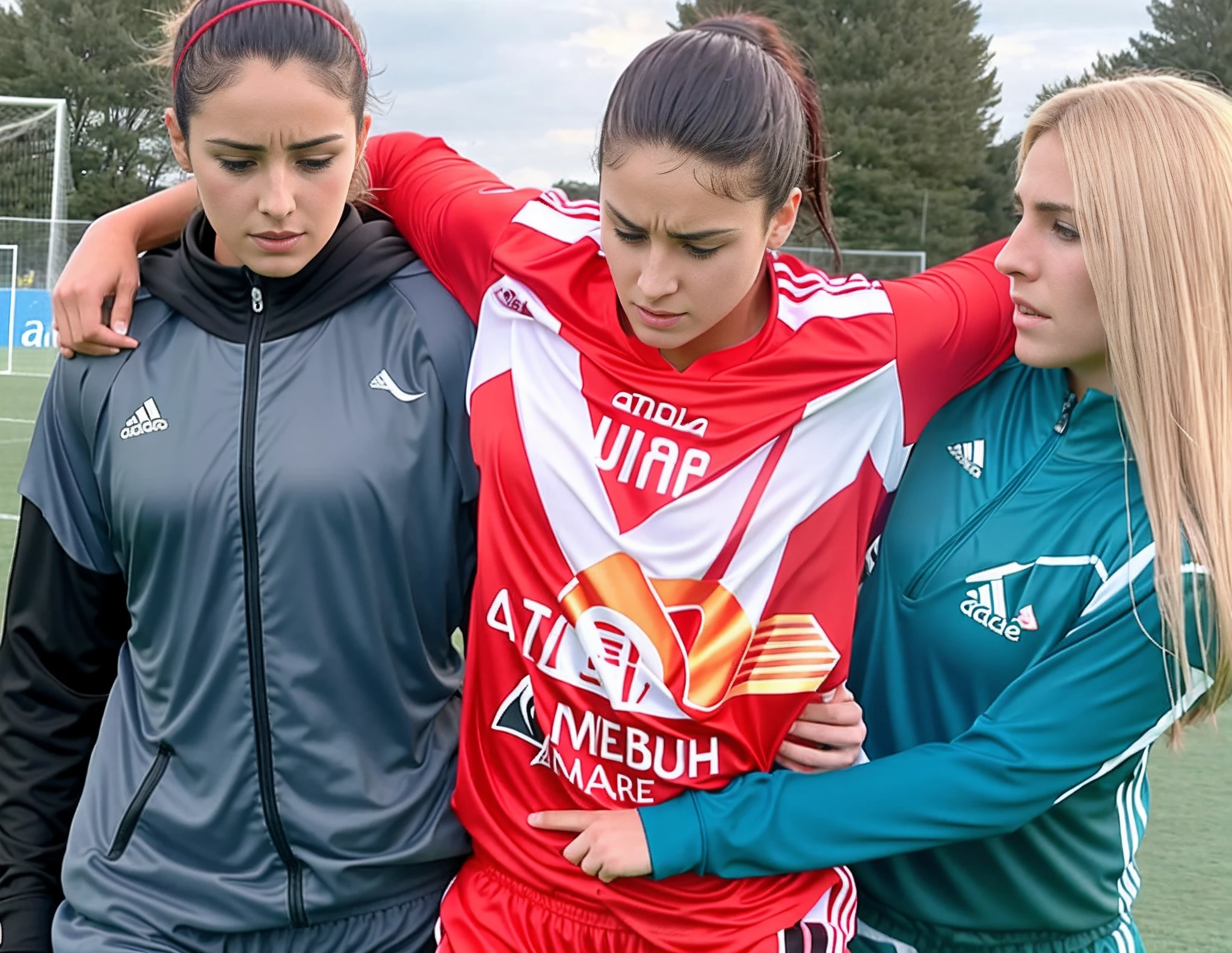 there are two women and a man standing on a soccer field, two long haired and made up women in extremely shiny and wetlook laquered coats support an injured arab male soccer player with short dark hair, wining, very sad, sport, super realistic, photorealistic, photo shoot, sports photography, injured, an injured male soccer player in red cotton sportswear cannot walk on his own due to a leg injury and has to be supported by two women, pity scene, dramatic action photo, an injured male soccer player in red cotton sportswear is in pain and is therefore carried off the soccer field by two very horrified looking women