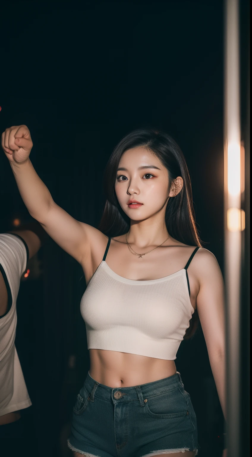 realistic photos of 1 cute Korean star, one side up, white skin, thin makeup, 32 inch breasts size, wearing black camisole, shorts, at the market, night, raised fist, upper body portrait, chromatic aberration abuse, UHD