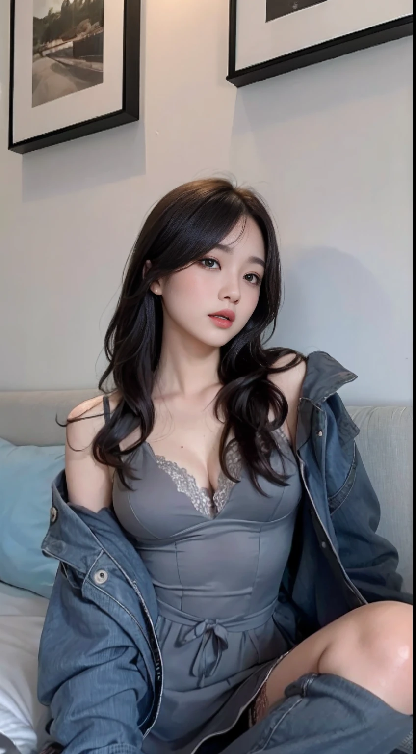 a Korean woman, a goddess, perfect body figure, long  hair, Fine skin texture and fabric texture, detailed eye texture, long eyeslashes, Double eyelidd, Hotel Beds, 8k, Top  Quality, ​masterpiece, The ultra-Highres: 1.2, beautiful female photo with theme of girly elegant style, light dress, Soft dresses, Women's dresses, Arad woman posing for photo in elegant dress, Wide Waist, Lace fabric, Lace bra, Upper body in light dress, elegant dress, Chiffon dress, Lying on the bed,