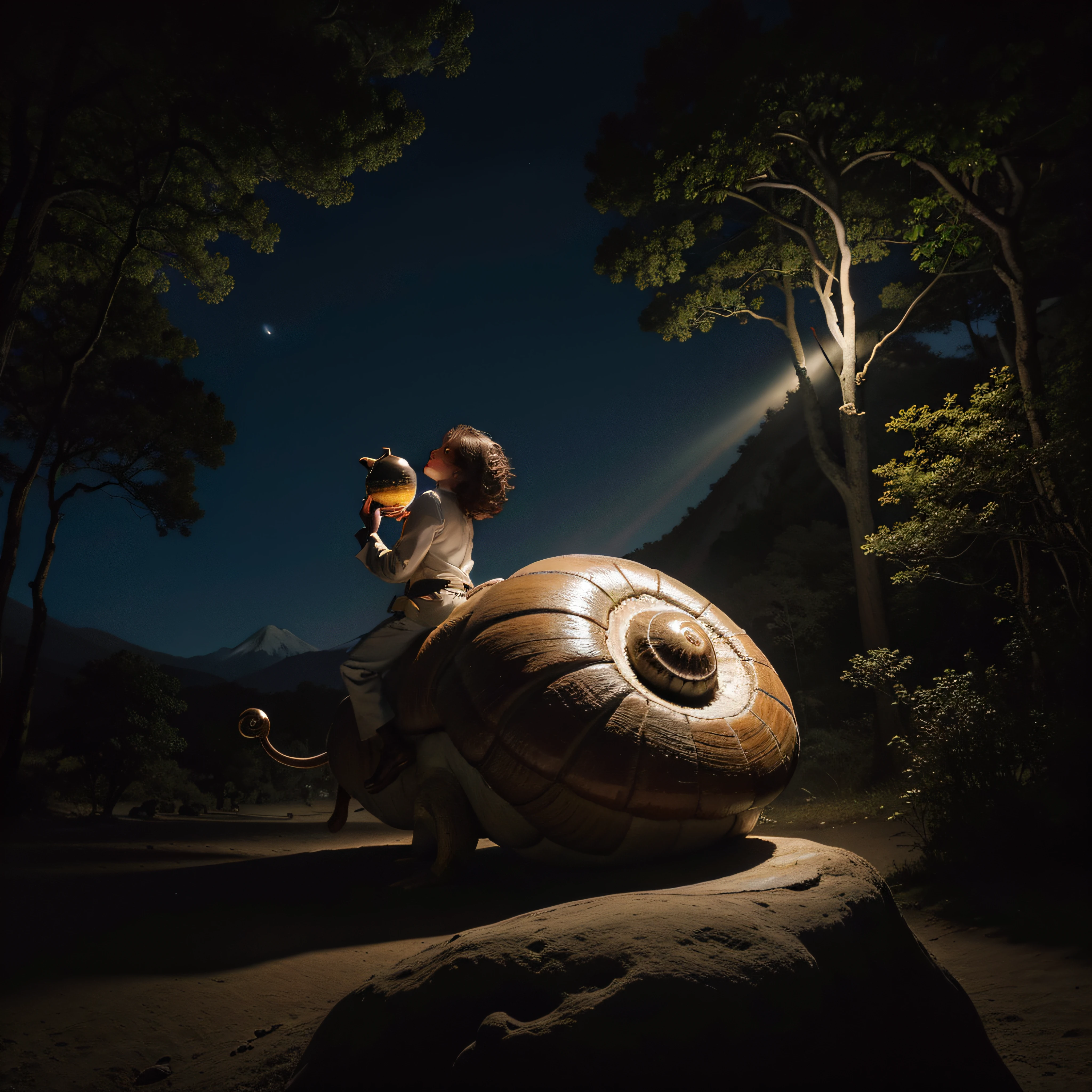 (extremadamente detallado, obra maestra, La mejor calidad, foto antigua, principios de siglo) Man with giant snail shell on his back, una linterna directa lo ilumina, bosque de noche. plano cercano. sangre por el suelo.