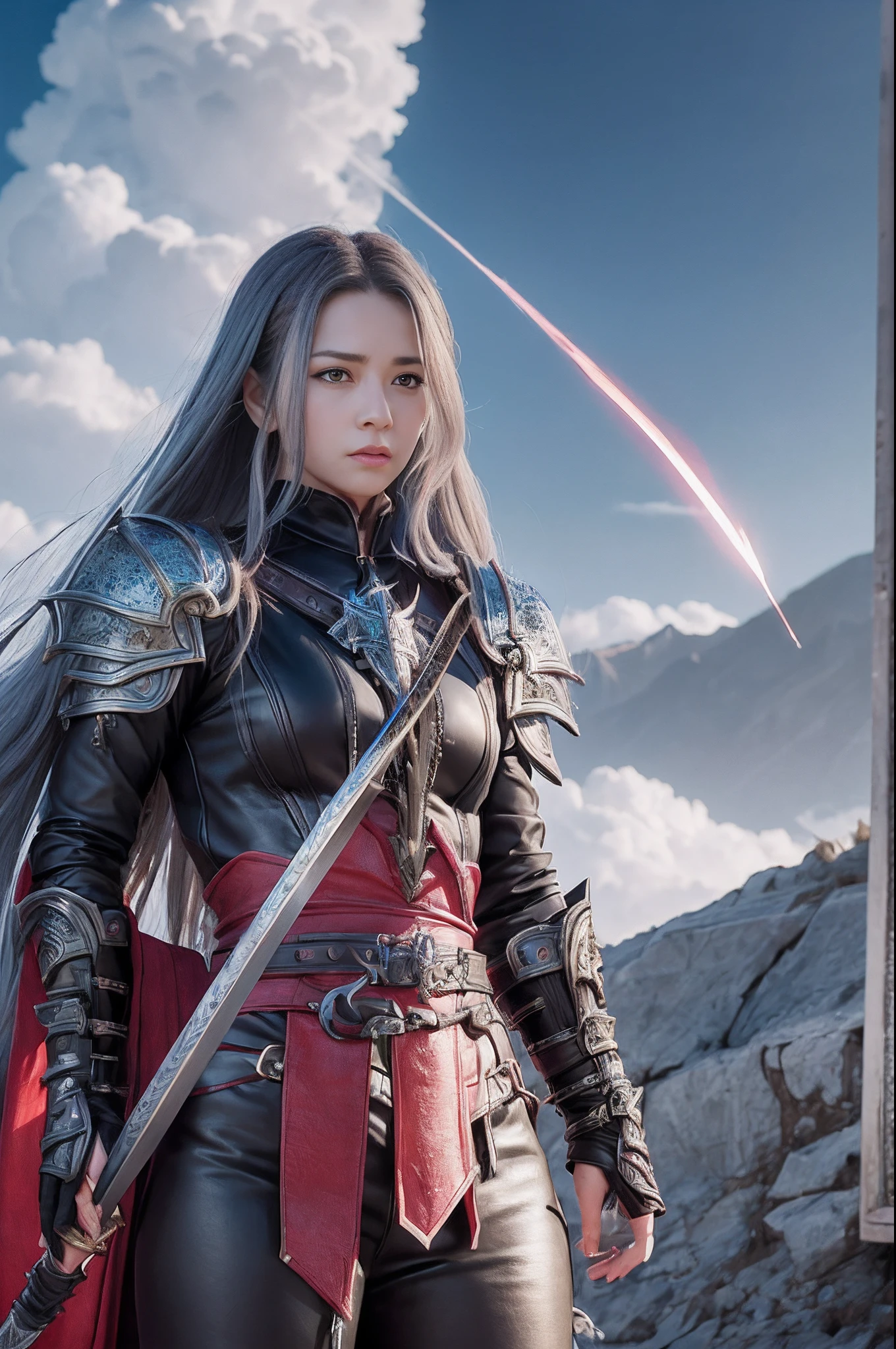 ​masterpiece、Female Warrior、Dragon quest、Jet black dragon behind、Glittering crimson armor、He holds a longsword with lightning、Wasteland、Countless monsters attack、highestdetailed、accuracy、Delicate depiction、Realistic、Rugged face、Fine Retail、long hair with gray hair、Hair that flutters in the wind