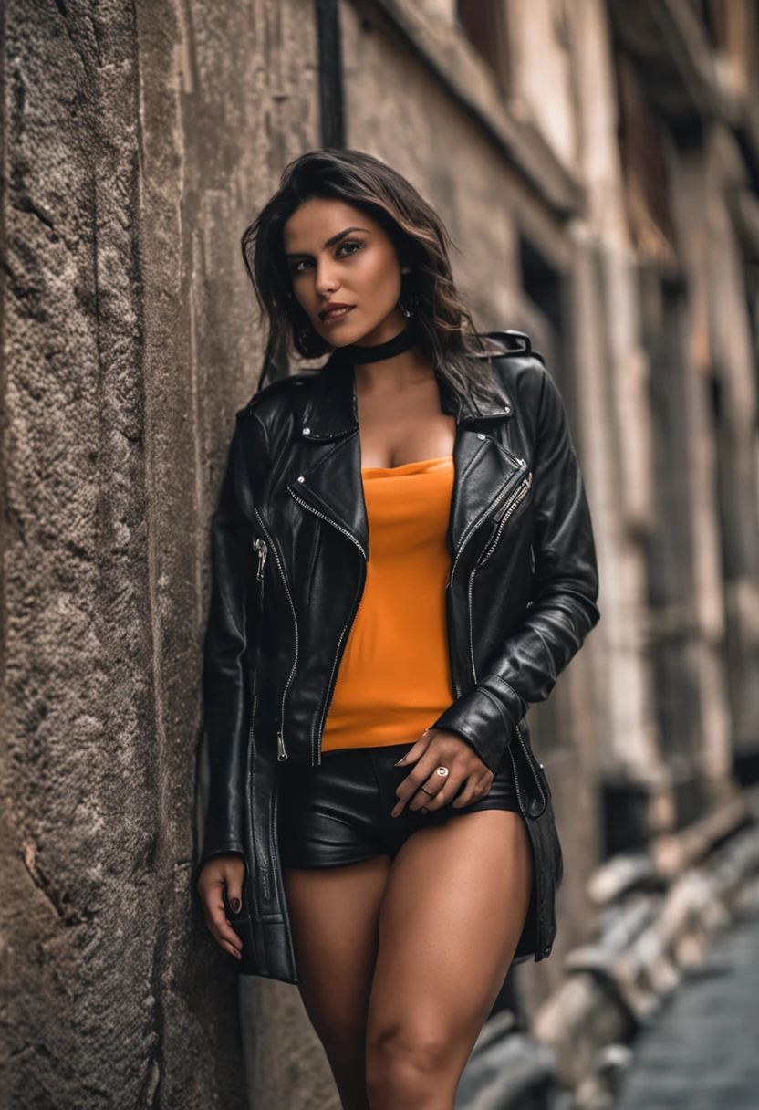 Modelo loira extremamente sexy usando uma jaqueta de couro com, seios grandes, decote, cintura muito fina, usando roupa preta de couro, posing for a photo on a busy sidewalk, olhando diretamente para a camera, lindos seios, amazing abdomen