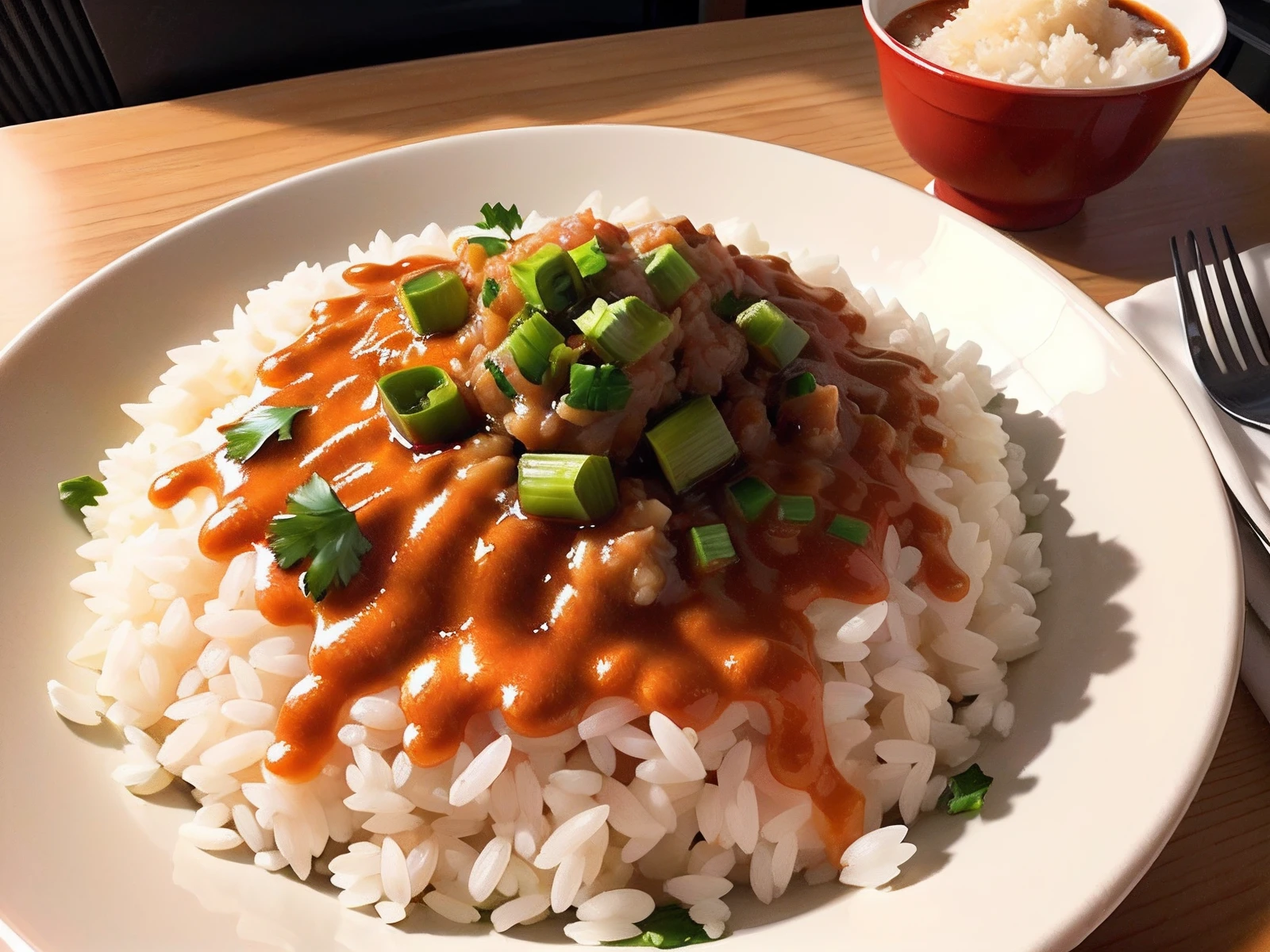 illustratio、Rice on a plate on the desk、Sauce on top of rice。