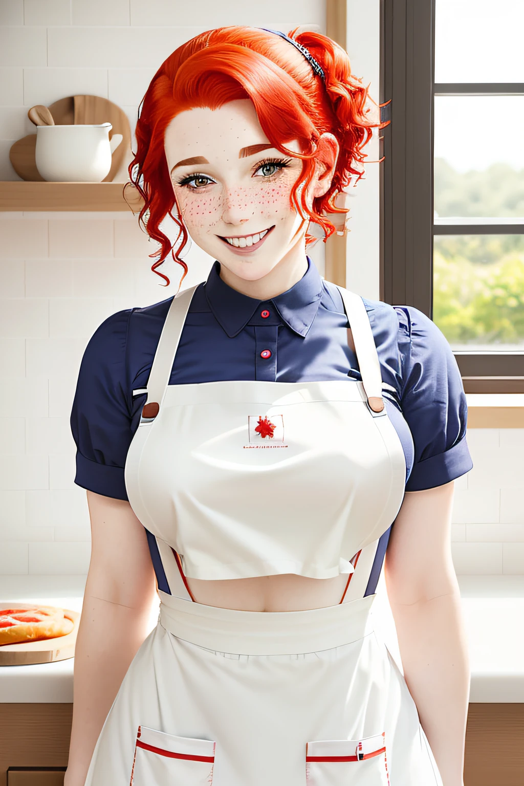 portrait of a maid, undercut hair, happy, red hair, freckles, apron, big breast, amazing body, pronounced feminine feature, legwear suspenders, kitchen, close up, skin covered by flour