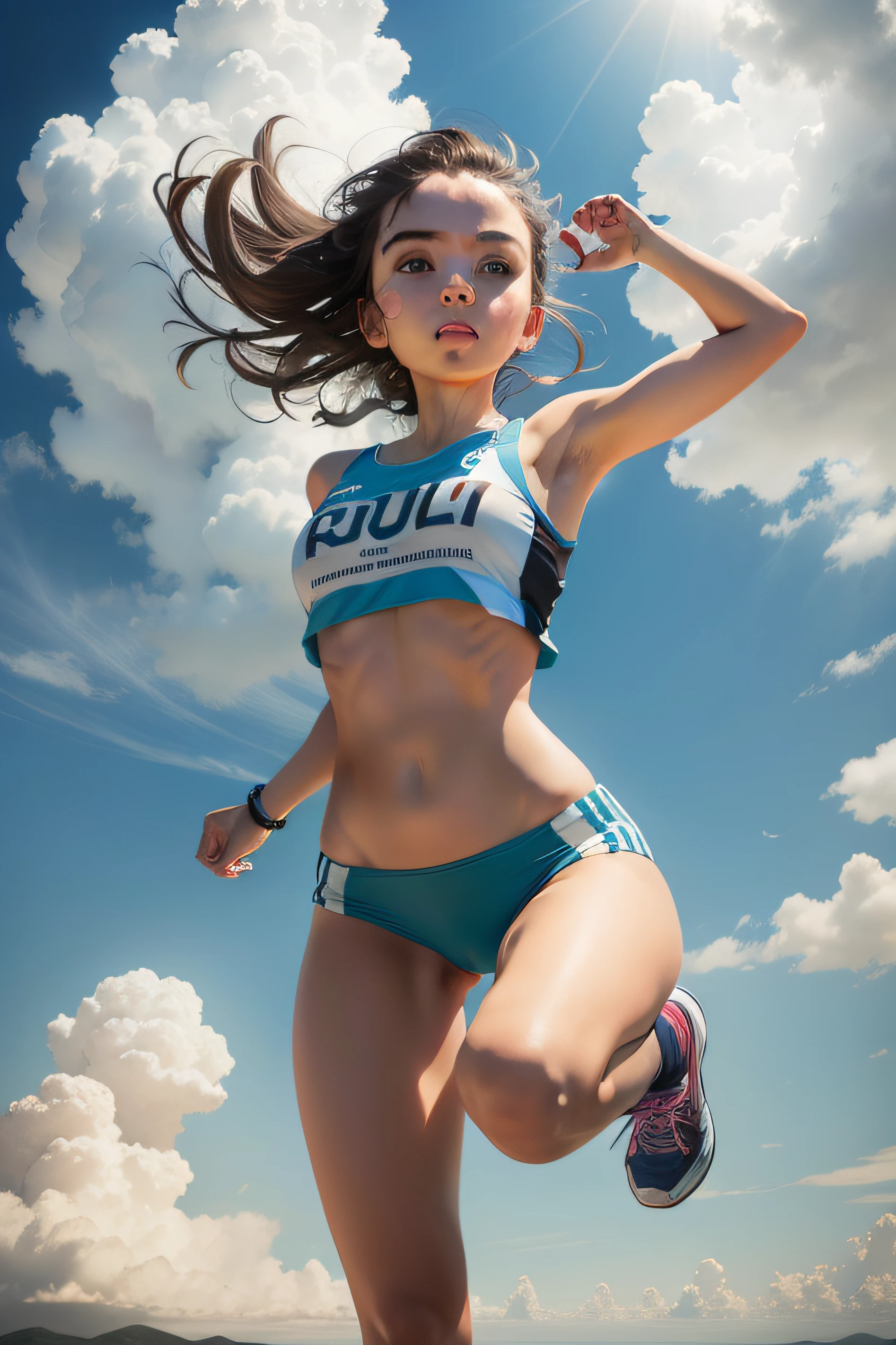 A girl runs on the clouds