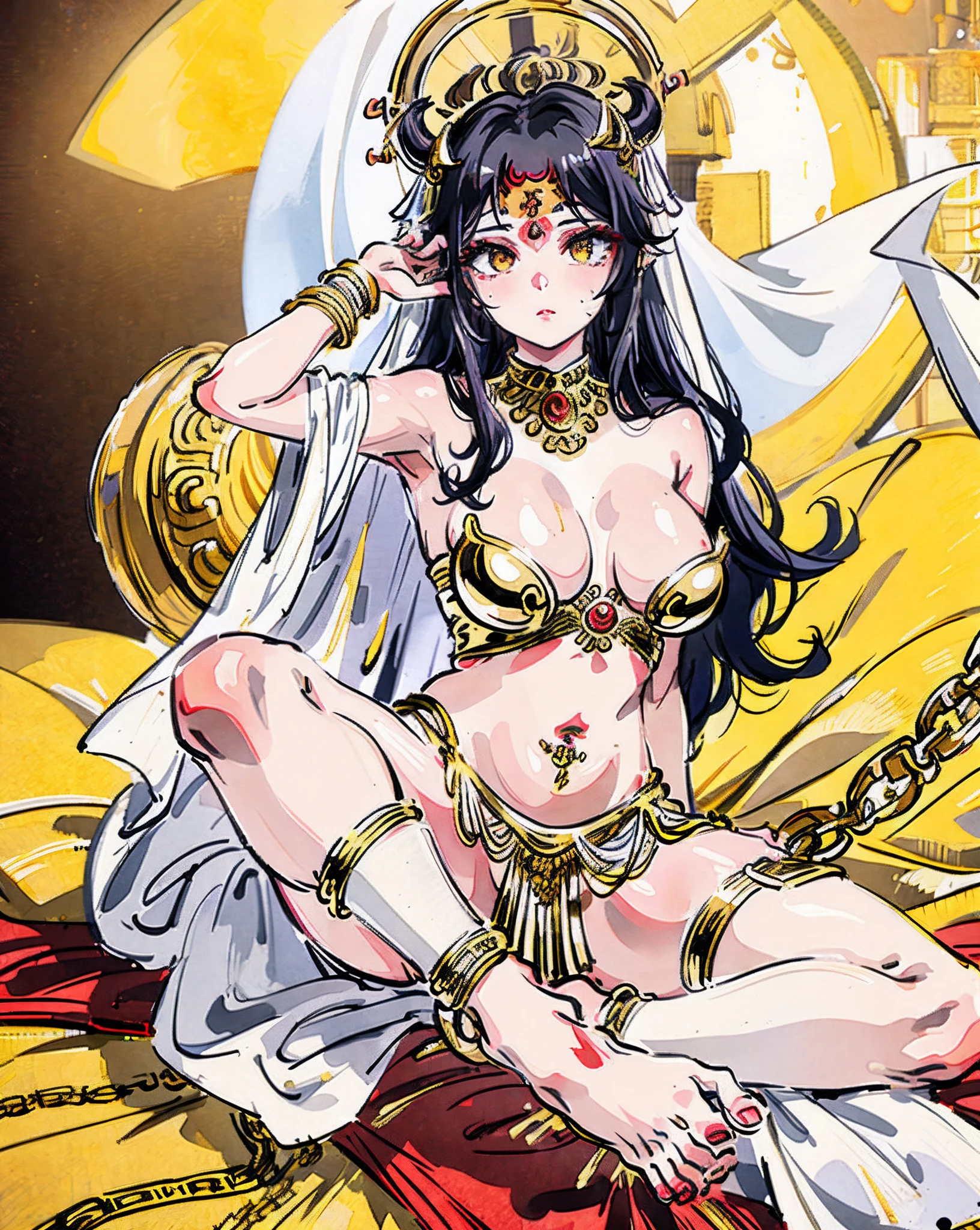 masterpiece, best quality, ultra-detailed, 1girl, solo, looking at viewer, (curvy:1.1), large breasts, black hair, long hair, hair over one eye, (wavy hair:1.1), yellow eyes, , (breasts apart:1.3), groin, (pasties:1.3), neck ring, armlet, bracelet, (thighlet:1.2), (white veil:1.2), (hair ornament:1.1), navel piercing, (chain:1.1), (gold:1.3), (gold trim:1.2), rose, sweat, spread legs, sitting, arm up, full body, anklet, barefoot, on bed, (((goddess durga))), (((hindu goddess)))