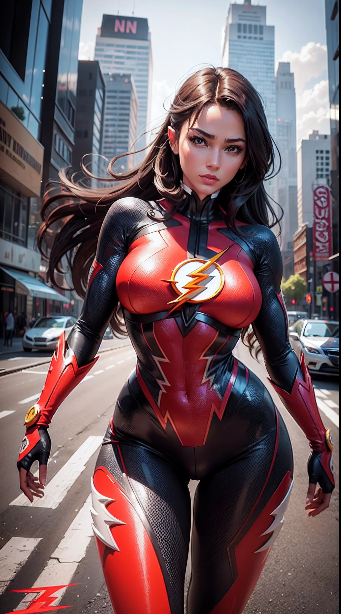 ((Flash woman)) , big breasts , medium hips, (( ultra realistic )), TM Ninja white,Icons, vibrant colors, vector style, digital art, 4k, intricate details, Mesmerizing, professionally made, Beautiful vector Illustration, 12k resolution, ..3d, all characters full-length detailed, ((highly detailed)), ((vibrant)),((Ultra high quality)), ((hyperrealism)), ((photorealism)), [ octan render], in the city, many cars (realistic)