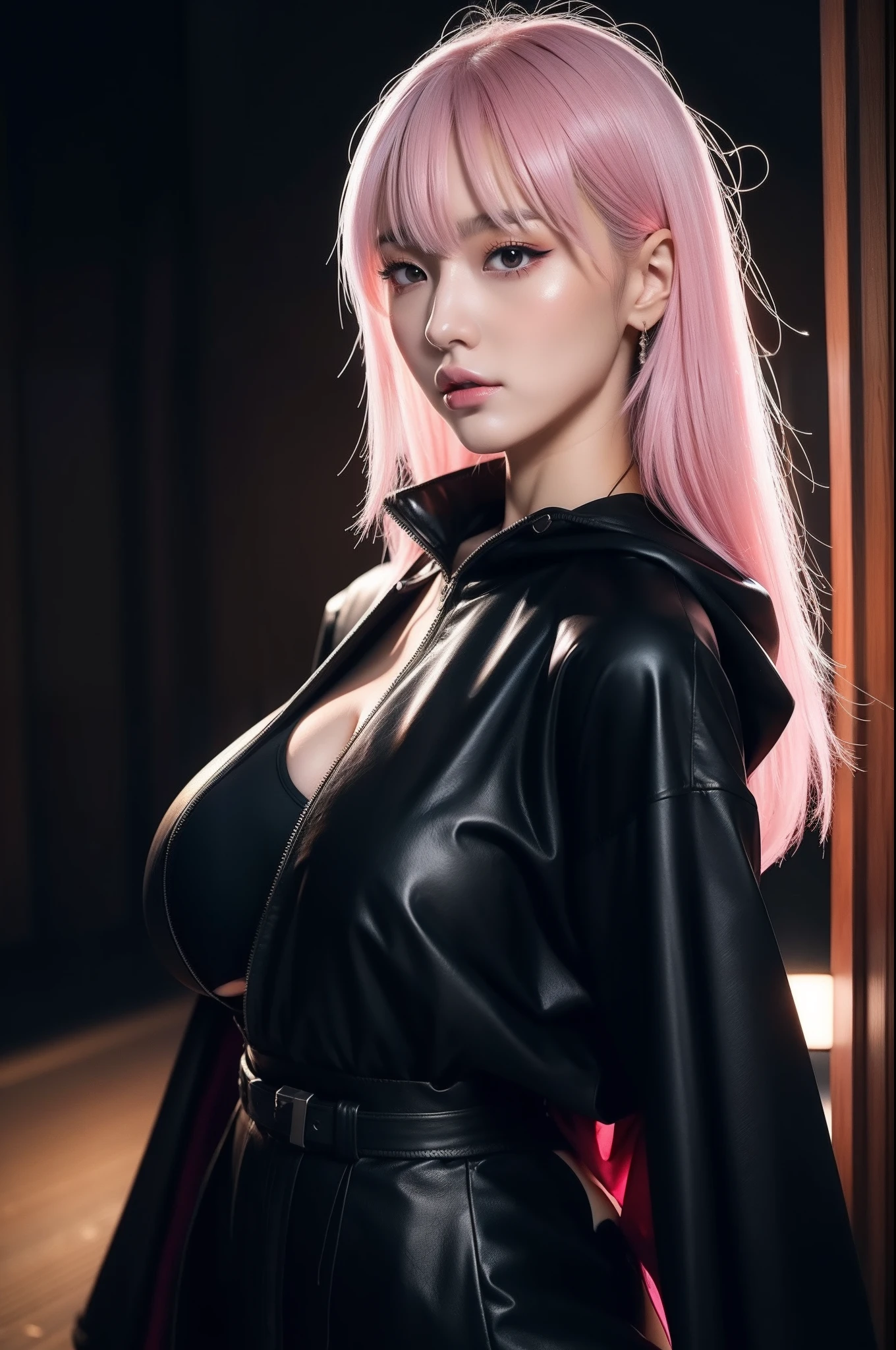 anime girl in a black outfit with a sword in her hand, very beautiful cyberpunk samurai, digital cyberpunk anime art, anime cyberpunk art, cyberpunk anime girl mech, cyberpunk anime girl, cyberpunk anime art, female cyberpunk anime girl, cyberpunk geisha, digital cyberpunk - anime art, cyberpunk samurai, anime style 4 k, badass anime 8 k, cyberpunk anime girl in hoodie, beautiful south korean woman, korean girl, beautiful young korean woman, korean woman, heonhwa choe, korean women's fashion model, sexy look, big breast, sexy pose, show breast, light pink hair