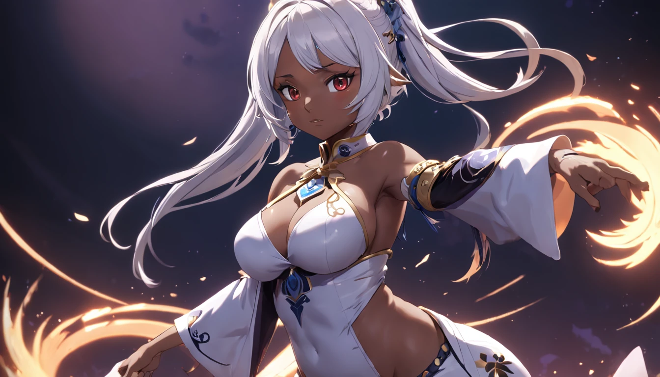 Genshin Impact custom character, Original Character, Female, Busty, thicc, Samurai GF, Dark skin, Horsetail with white hair, Black background,Full body photo,hands spread wide,