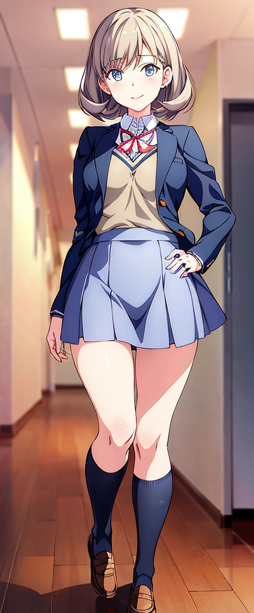 anime girl in a school uniform standing in a hallway, Realistic Schoolgirl, wearing skirt, magical school student uniform, Wearing a skirt, Normal legs, wearing jacket and skirt, a hyperrealistic schoolgirl, my dress up darling anime, a hyperrealistic schoolgirl, tsubasa nakai's style, cloth sim, Smooth Anime CG Art, visual novel cg