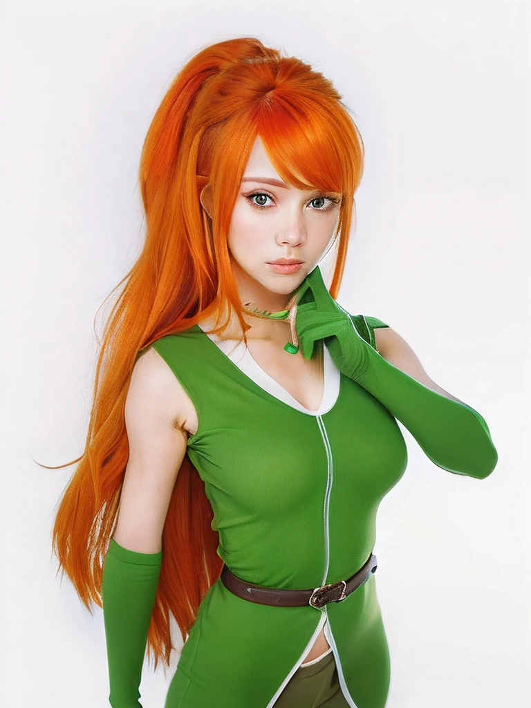 woman, orange hair, green shirt, green gloves, brown Pants, ultra realistic detail.