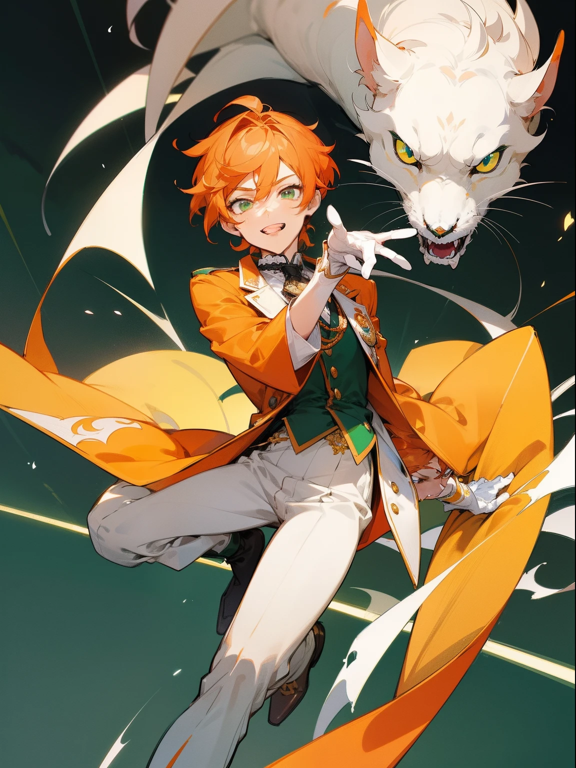 masterpiece, best quality, male character, orange hair, green eyes, fluffy hair, short ponytail, rat tail hair, short hair, composer, music, conductor, musical notes, musical, bright, stylized character design, high quality character design, detailed character design, great character design, male, highly detailed outfit, elegant, leo tsukinaga, joyful, frontage, lateral face, lovely boy, perfect face, detailed eyes, elegant, pretty man, facing camera, elegance, handsome, detailed background, avant- grade , original, rgkg, slim, petite, pointed teeth, lace detailings, white gloves, portrait, ensemble stars, idol, model, slim, handsome male, bokeh, unique lighting, colourful shading, happy, joyful, unique pose, brightly coloured, bold colours, bold lines, energetic, full of life, orange coat, white pants, green coat detailing, detailed coat, badges, buttons on coat, cravat, ribbons in background, ribbons in foreground, dynamic, full body drawing, dark green trim