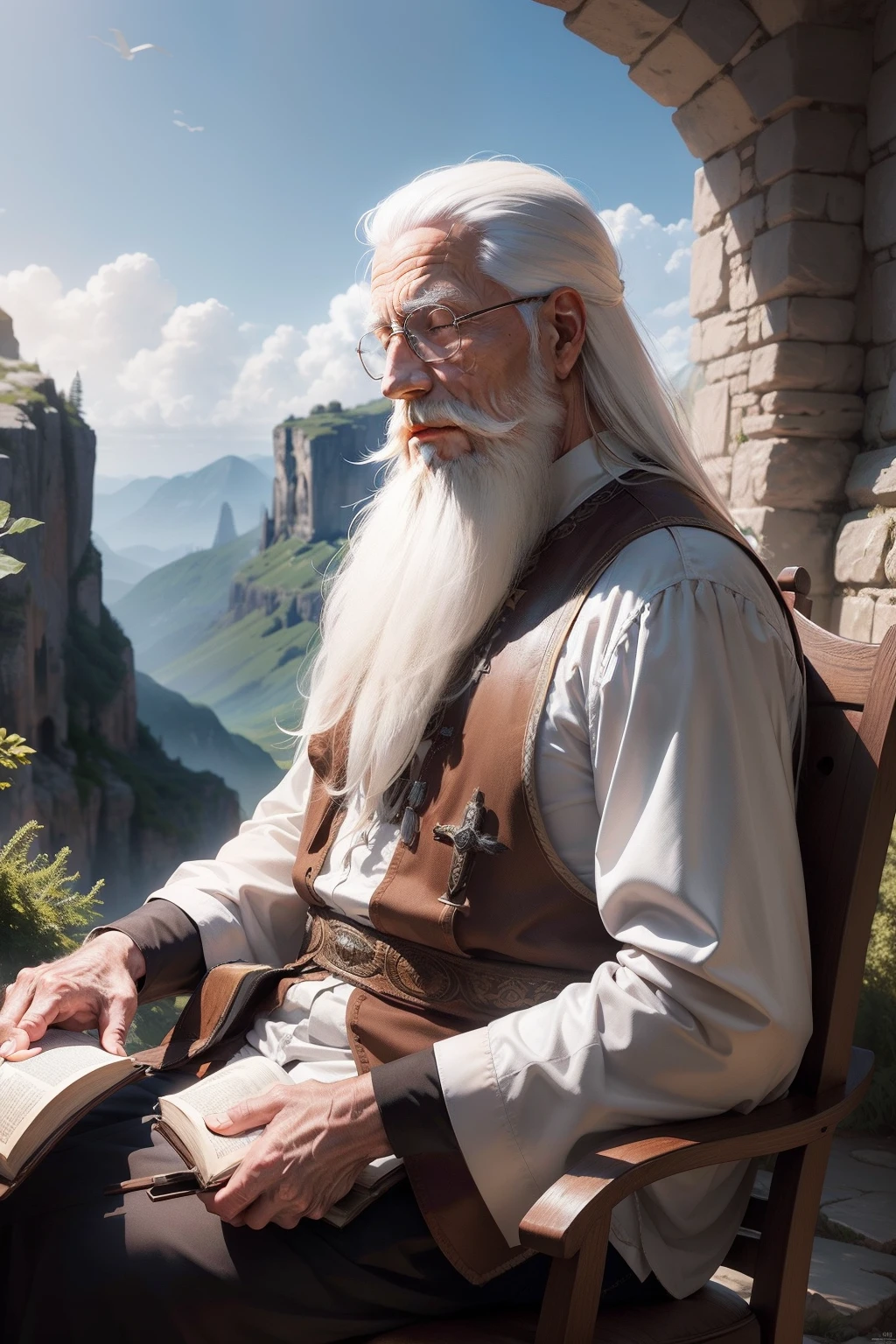 A caring elderly gentleman with long beards and white hair in a spectacular setting glimpsing a wonderful landscape ,  Meditating with a Bible in your hands
