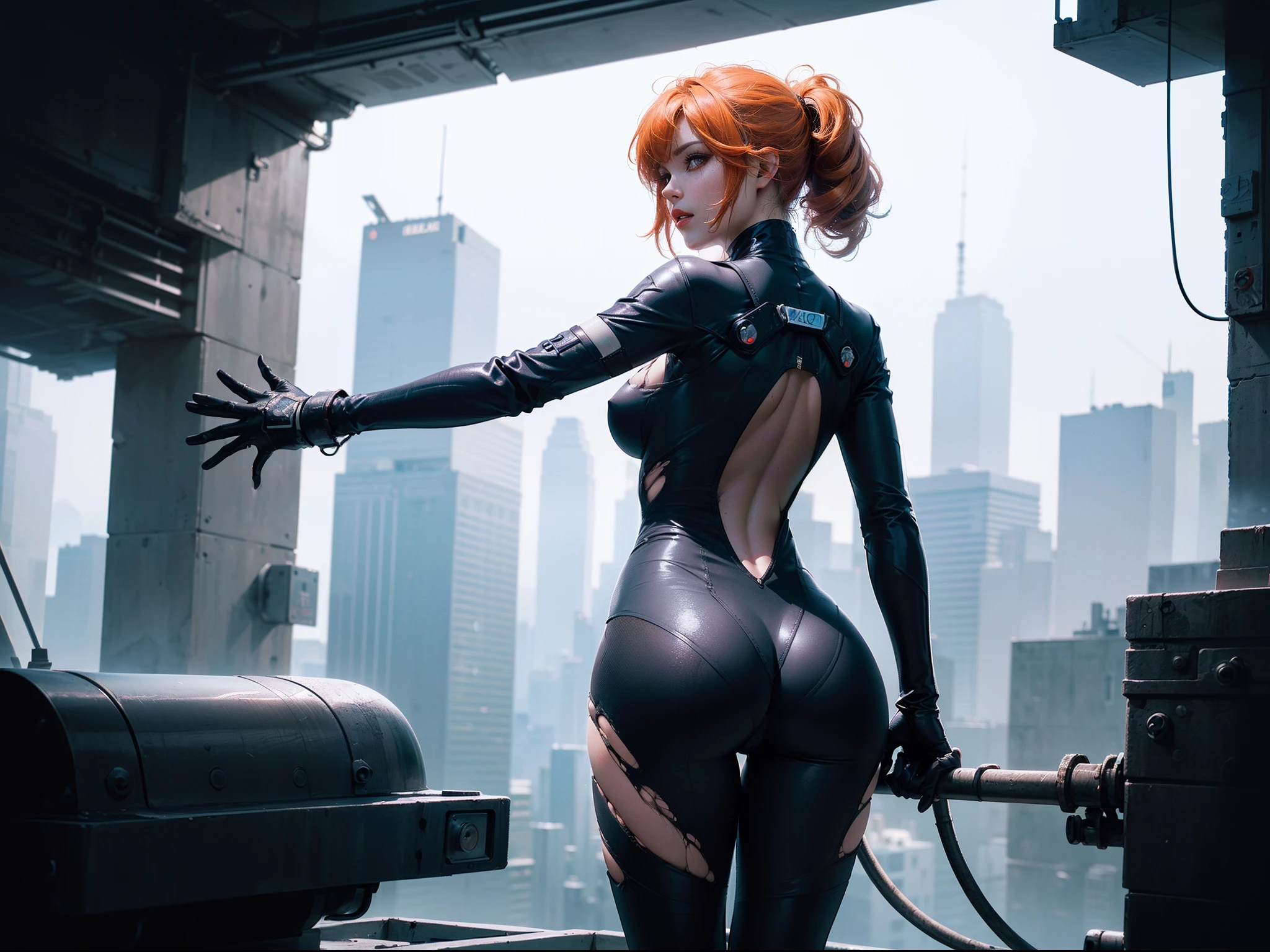 ((top-quality)), ((masterpiece)), .3D, Beautiful Cyberpunk Woman Image,((Sexy view from behind)),(HighDynamicRange),Ray traching,NVIDIA RTX,Hyper-Resolution,Unreal 5,Sub-surface scattering,PBR Texturing,Postprocess,Anisotropy Filtering,depth of fields,Maximum clarity and sharpness,multi-layer texture,Albedo and specular maps,Surface Shading,Accurate simulation of light-material interactions,perfectly proportions,Octane Rendering,Two-tone lighting,Wide aperture,Low ISO、White Balance、thirds rule、8K、Unripe,(Connecting the hose of the milking machine to the chest)、((Very cute woman gets futuristic cyberpunk hotel bodysuit completely torn sexy、Perfect body-wide coverage))a picture、top-quality、Dark gray background、((1 Girl Glen's eyes and gorgeous orange hair、Beautiful perfect face、juicy lips、de pele branca))。Sexy ass soft breasts and white skin、Bimbo lips、Beautiful Caucasian woman in T pose。long legged((perfect chest:1.4))、((Very soft breasts))、hyperdetailed face、A detailed eye、((Bodies connected to multiple pipes and machines)),((Sexy view from behind)Return perspective,posterior view、barechested、((nudde、Skin revealing))、Pose with emphasis on the buttocks, View from behind, Looking from behind, close-up shot from behind,nudde,nude,barechested,Pubic hair shows through,((Pose like a actress))Spreading crotch