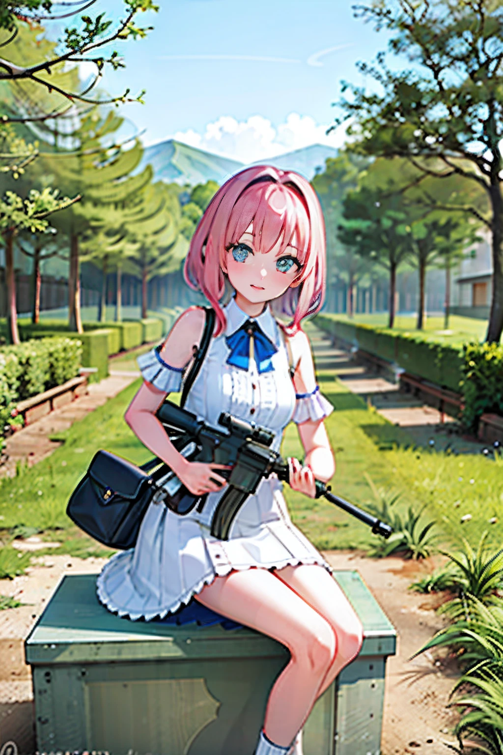 (masterpiece:1.2), best quality, highres, original, (extremely detailed:1.2), ultra-detailed, wallpaper, perfect lighting,(extremely detailed CG:1.2), 8k,illustration,1girl, solo, [white:pink:17] hair, detailed blue eyes, ({delicate|short-sleeved}dress:1.19), {{large skirt}}, ({detailed|delicate}uzi machinegun:1.2), holding gun, aiming, (aiming at viewer), sitting on the stone stool, panchira, park, day