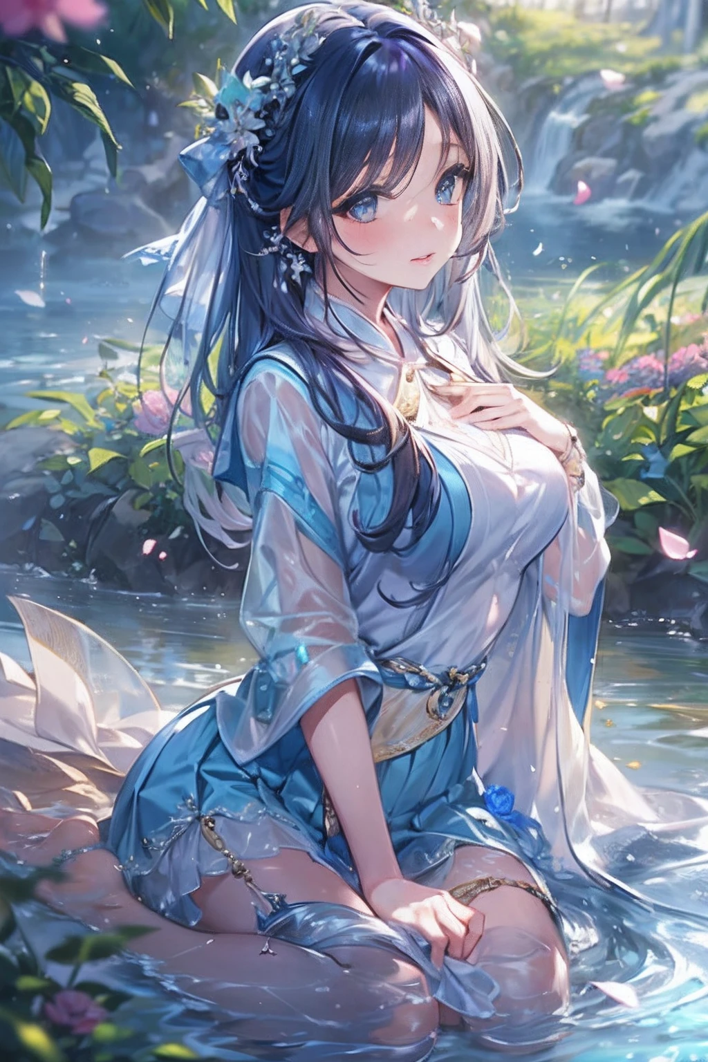 (((masterpiece)))、(((top-quality)))、((ultra-detailliert))、(illustratio)、((extremely delicate and beautiful))、Bright smile、floating、(Detailed light) (1girl in)、、独奏、The long-haired、The wind is blowing、A WORLD、(cute eye)、(Enrich your images,Masterpiece-level quality)Beautiful 8K CG artwork,Goddess-like posture,Sit by the river,Postural exercises,Slim and soft,Translucent skin,Blue hair、Extra long-haired beauty, Super long straight hair,the skin is fair and juicy,,、Big Lingerie Mini Skirt School Uniform,Outlook Part 1.2x Enhanced silhouette effect,Exquisite transparent blues pattern on pajamas,The details are intricate and exquisite,background slightly blurred,Temptation of attractive and voracious feet,droolng,K-Cup Big,blush,goddess of Japan,Perfect body slim curve,Scene by the Sea,