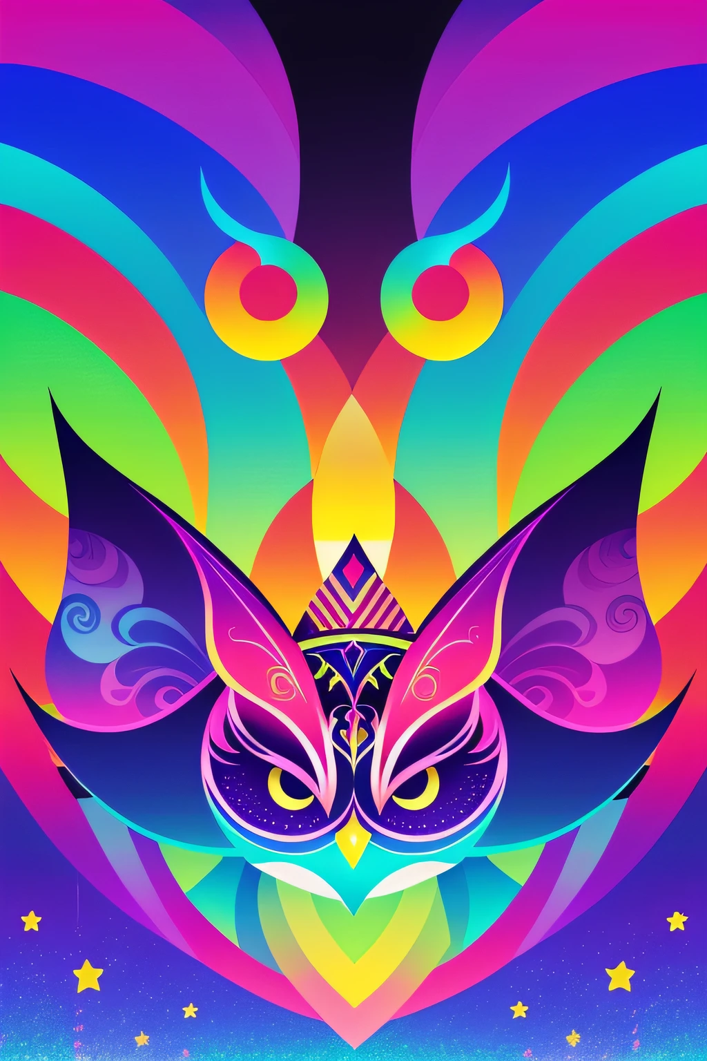 Extreme quality, nffsw,真实感 , (Bright colors), Splashes of color background, colors mashing,organism, Complementary color scheme, Electric, neons, Magical,Geometric pattern background,owls,the bats,modern fine art,sideways Facing,Looking at the camera:1.5