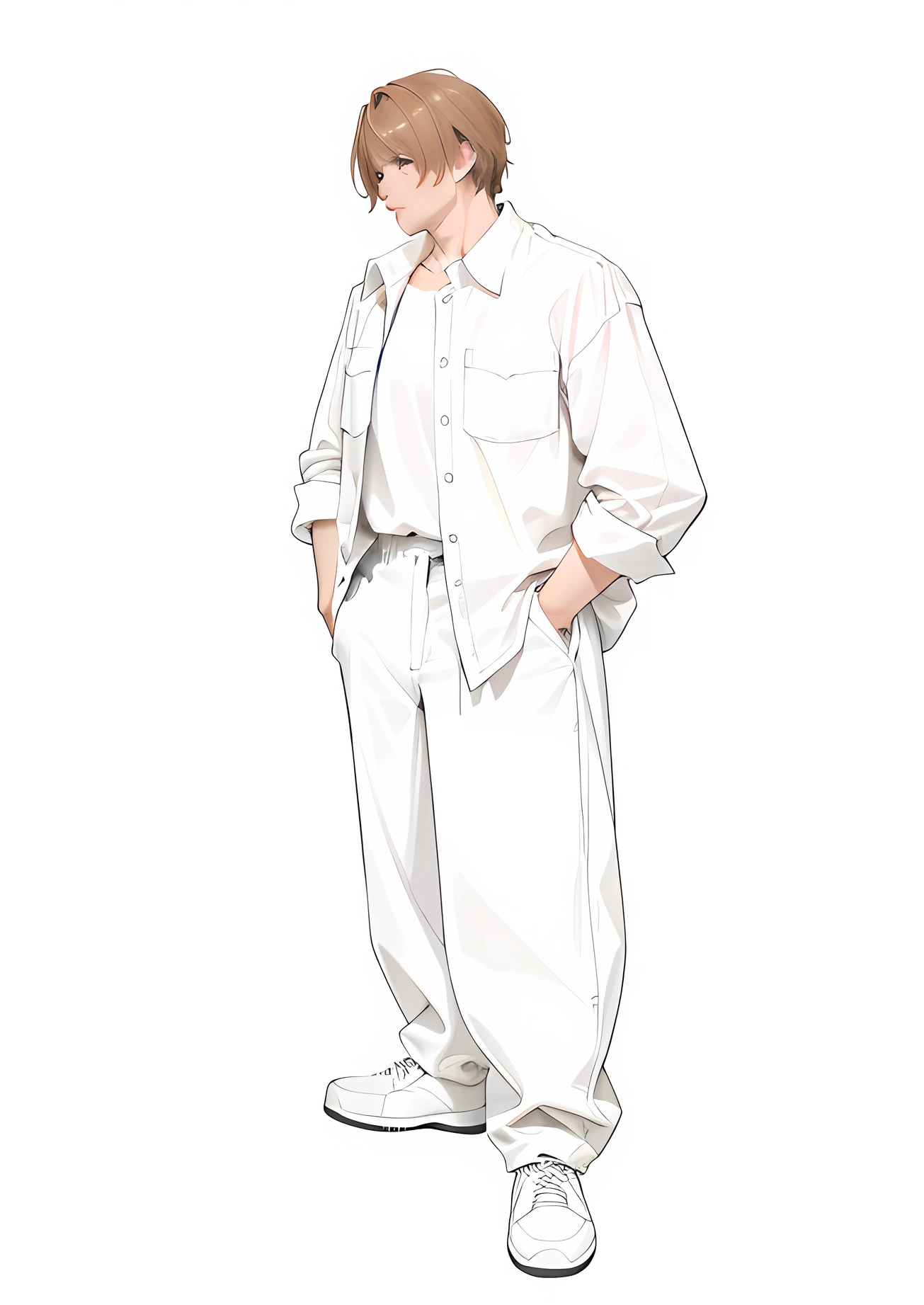 fet man.beige shirt, white short sleeves, black pants, hands pockets,