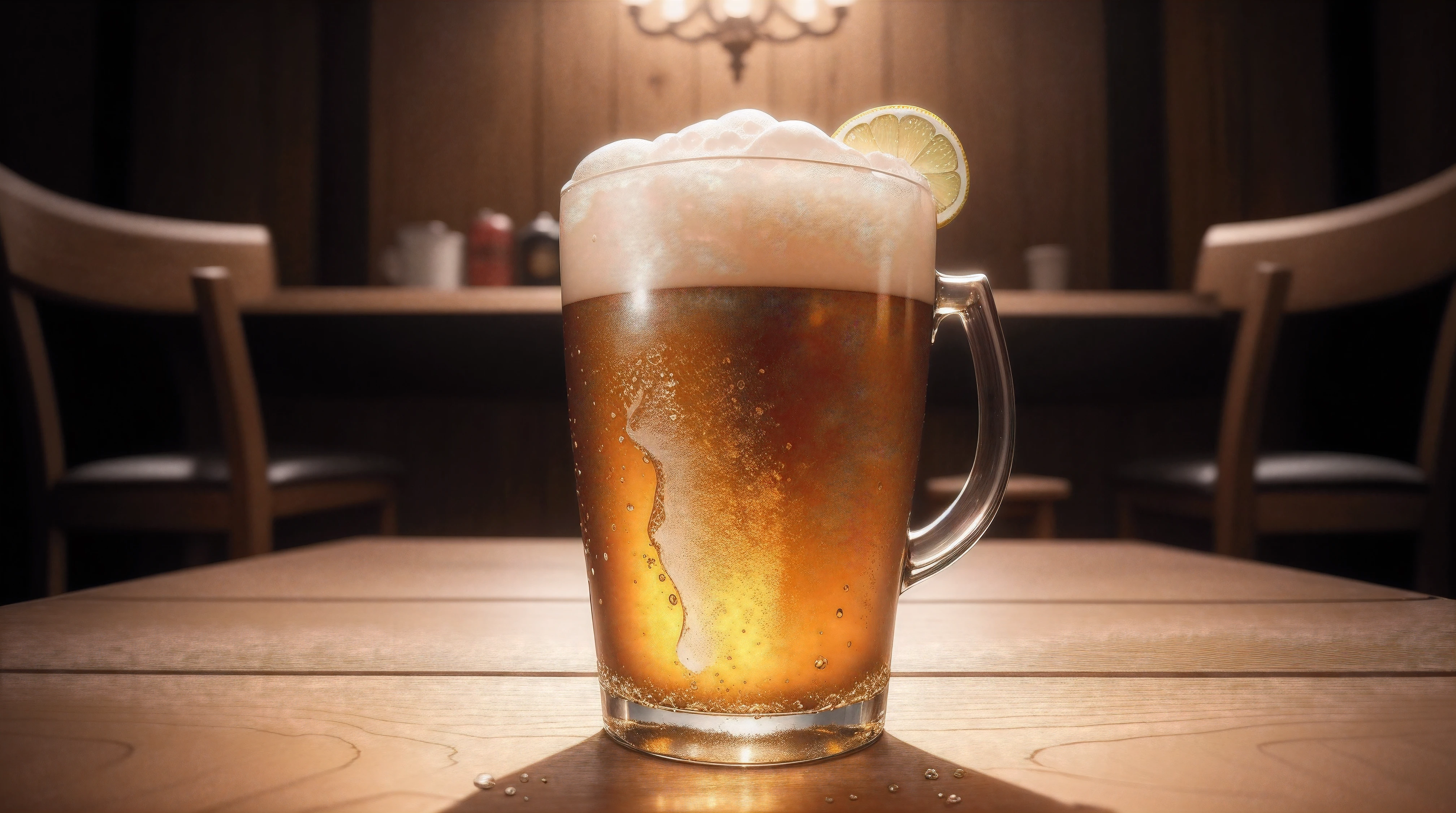 (high detail), (highest resolution), (scenery), cinematic lighting, realistic, CG 4K wallpaper, detailed glass, condensation on glass, rich wood texture, intricate reflections, dynamic composition, dramatic shadows, carefully crafted highlights, golden hue of beer, frothy head, realistic bubbles, subtle wood grain, captivating atmosphere, depth of field, subtle caustics, photorealistic, artistic interpretation, warm ambient lighting, inviting scene, captivating contrast, textural details, expertly composed, impeccable realism, Alfred, can you please generate an awe-inspiring image of a glass of beer placed on a wooden table in a cinematic setting? The focus should be on the intricate details of the glass, the condensation, and the wood texture. I envision a realistic and artistic scene that highlights the beauty of these elements while maintaining a captivating atmosphere.