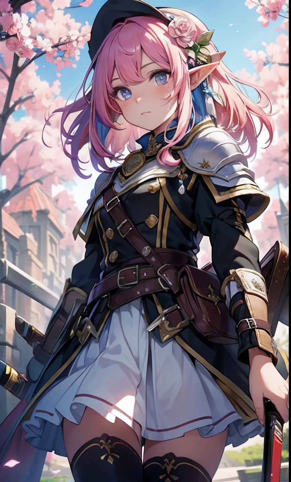 best qualityer,tmasterpiece,Ultimate resolution,downy,Extremely colorful,Colorful,western regions,elf girl, Dancer,pink hairbl,dress costumes,flowers in hair, veils,holding a katana