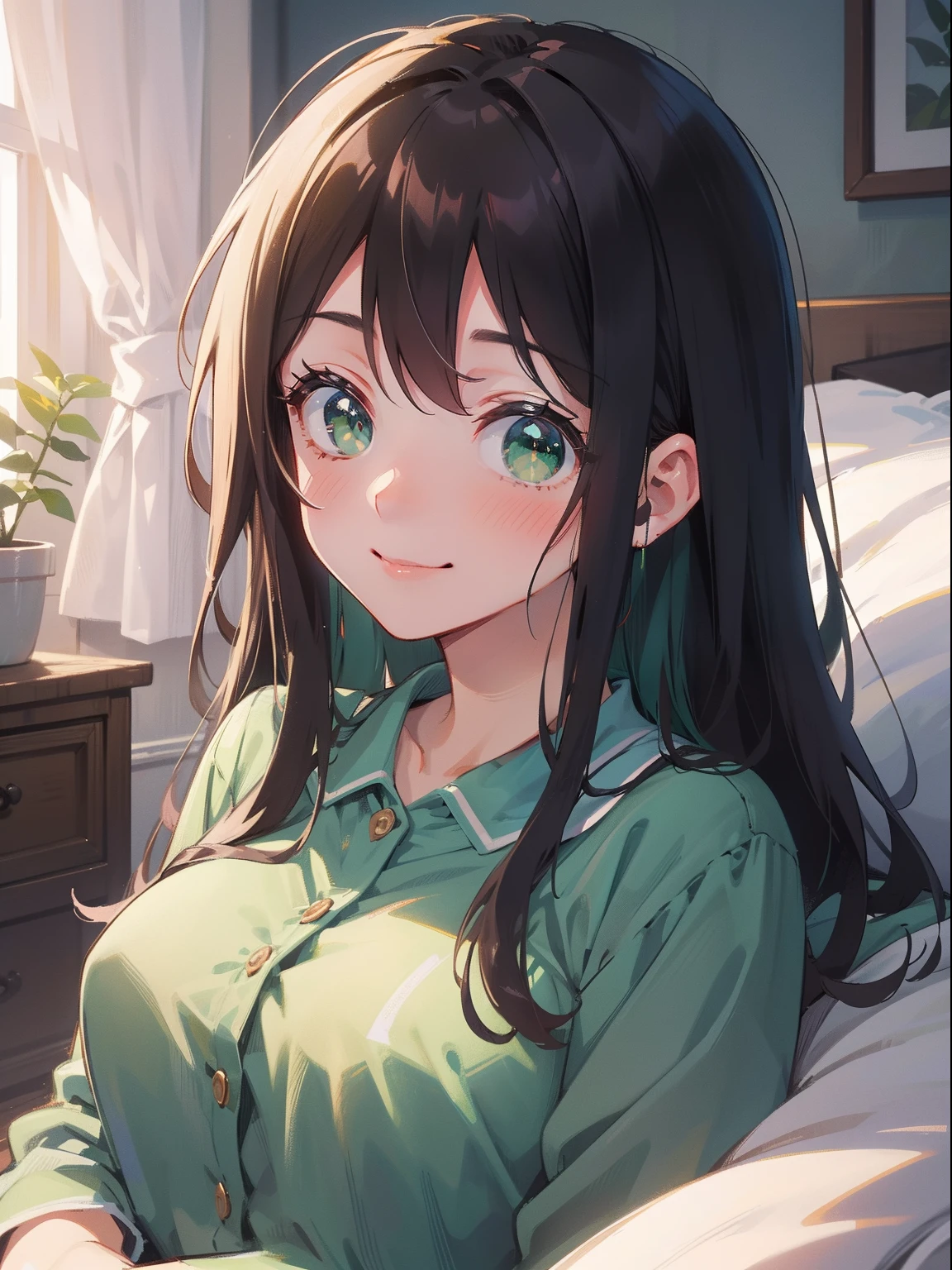 (masterpiece), (best quality), ultra high res, sharp focus, warm pastel tone, ((1 mature woman, solo)), upper body, dolly shot, beautiful detailed hair, chestnut brown hair, long hair, beautiful detailed face, ((beautiful shape eyes, green eyes)), perfect feminine face, comfortable face, smile, laying on back in the comfortable bed with viewer, in colorful short pajama, in the night time
