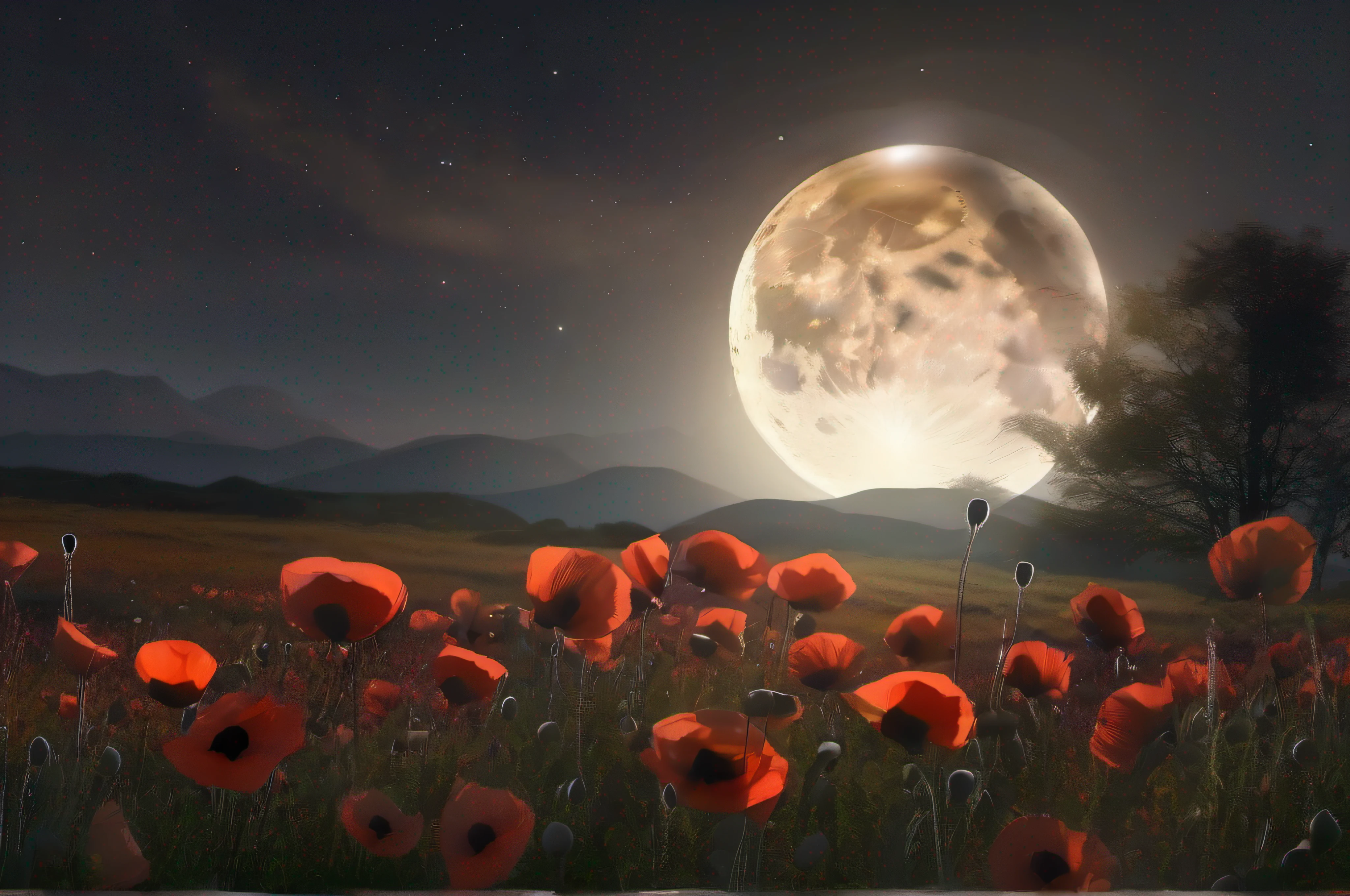 Enigmatic and captivating atmosphere. Black poppies blooming under the radiant glow of a full moon.