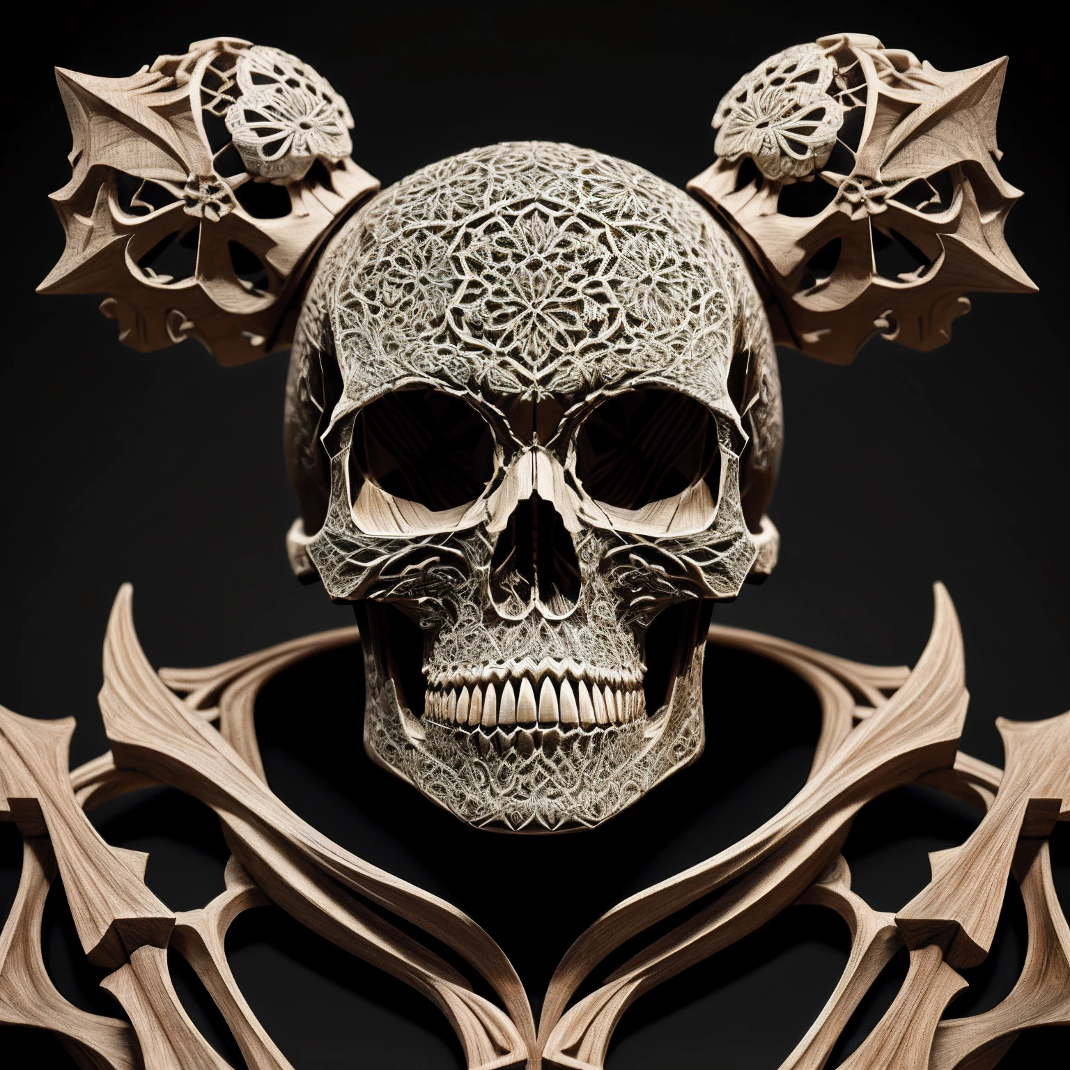 There is a huge wooden beauty skull,There are intricate patterns on it, made of intricate lace skeleton, intricate skeletal decorations, intricate digital artwork, Thomas Villatte is intricate, intricate 3 d sculpture, Beautiful bones and body structure, masterpiece of intricate artwork, fantasy skull, intricate digital art, digital intricate art, Obras de arte intrincadas, intricate 3 d illustration, intricate render, made of intricate metal and wood
