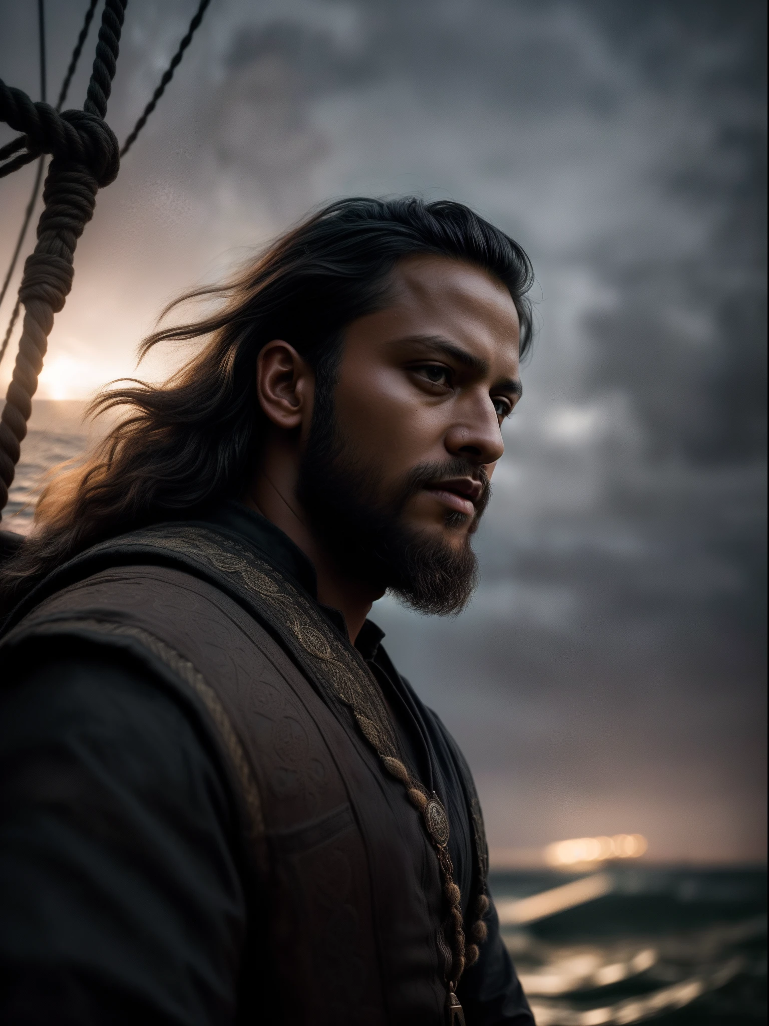 Realistic 16k image of Shakib al hasan as Ragnar Lothbrok (with black hair) onboard a viking longship, ((low angle hero shot)), (Upper body closeup), show Shakib as Ragnar navigating treacherous waters, Shakib al hasan as Ragnar is navigating his crew, show Shakib al hasan commanding the ship crew, this scene will be dark and scary, highlighting Shakib al hasan sailing on treacherous waters, dark tones with moonlit seas, dark and intimidating atmosphere like Viking series colour tone, ((sharp focus on portrait)), (balanced composition), high quality and realistic image, cinematic style, ((Best quality, 8k, Masterpiece), rough face, detailed skin, masterpiece, professional photography, (high detail:1 1), natural skin, (detailed face and eyes), (face: 1 2), noise, real photo, film photography, high resolution, 8k, realistic, 8k UHD, SLR camera, high quality, film grain, (Fujifilm X-T20, Fujifilm Fujinon XF 50mm f/2 R WR lens, Lens focal Length 50mm, Shutter speed 1/300 sec, APERTURE: 2, ISO: 80), volumetric lighting, dark background, dark fantasy, highly detailed, sharp focus, shallow depth of field, bokeh, blurry background, high contrast, contrast lighting, (dim colours), exposure blend, (dusty:1.3)