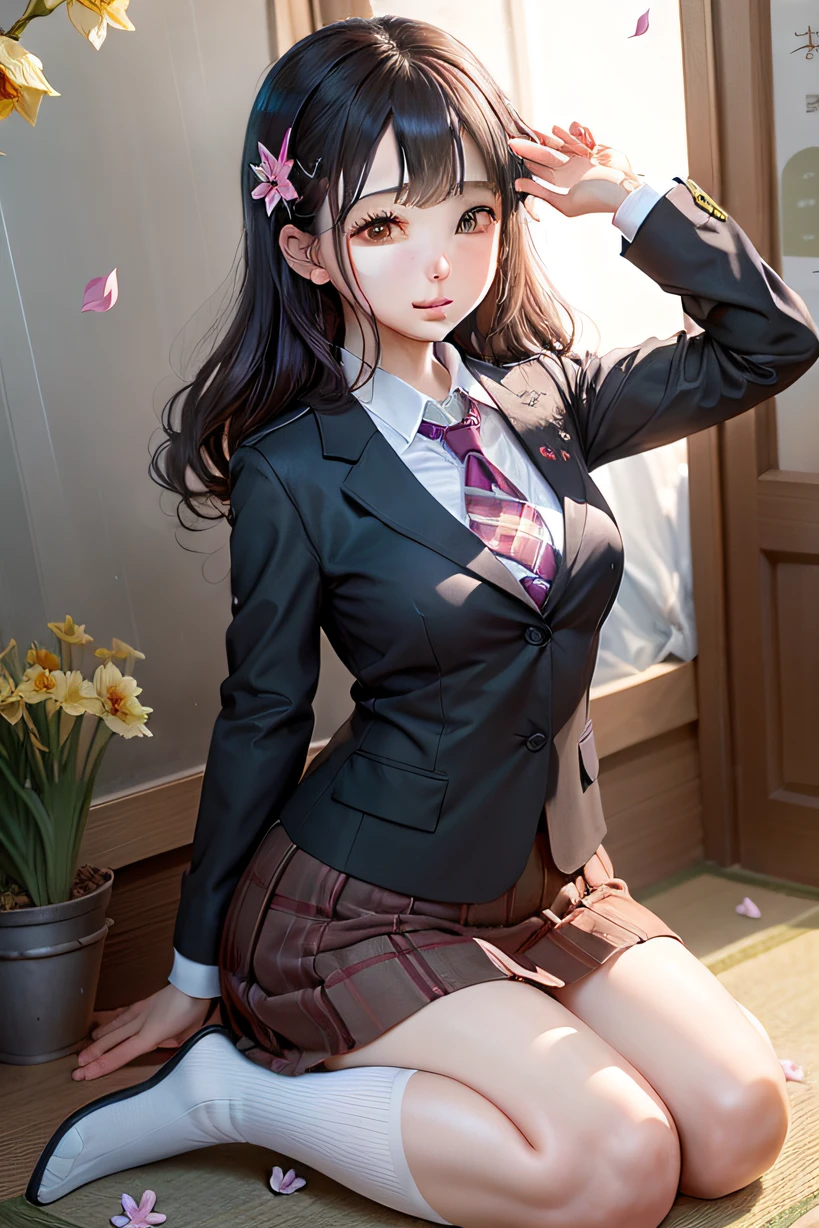 Kizi, Ruby eyes, school uniform, Skirt, flower, daffodil, Hyacinth, Falling petals, Inferiority,it is raining,adolable