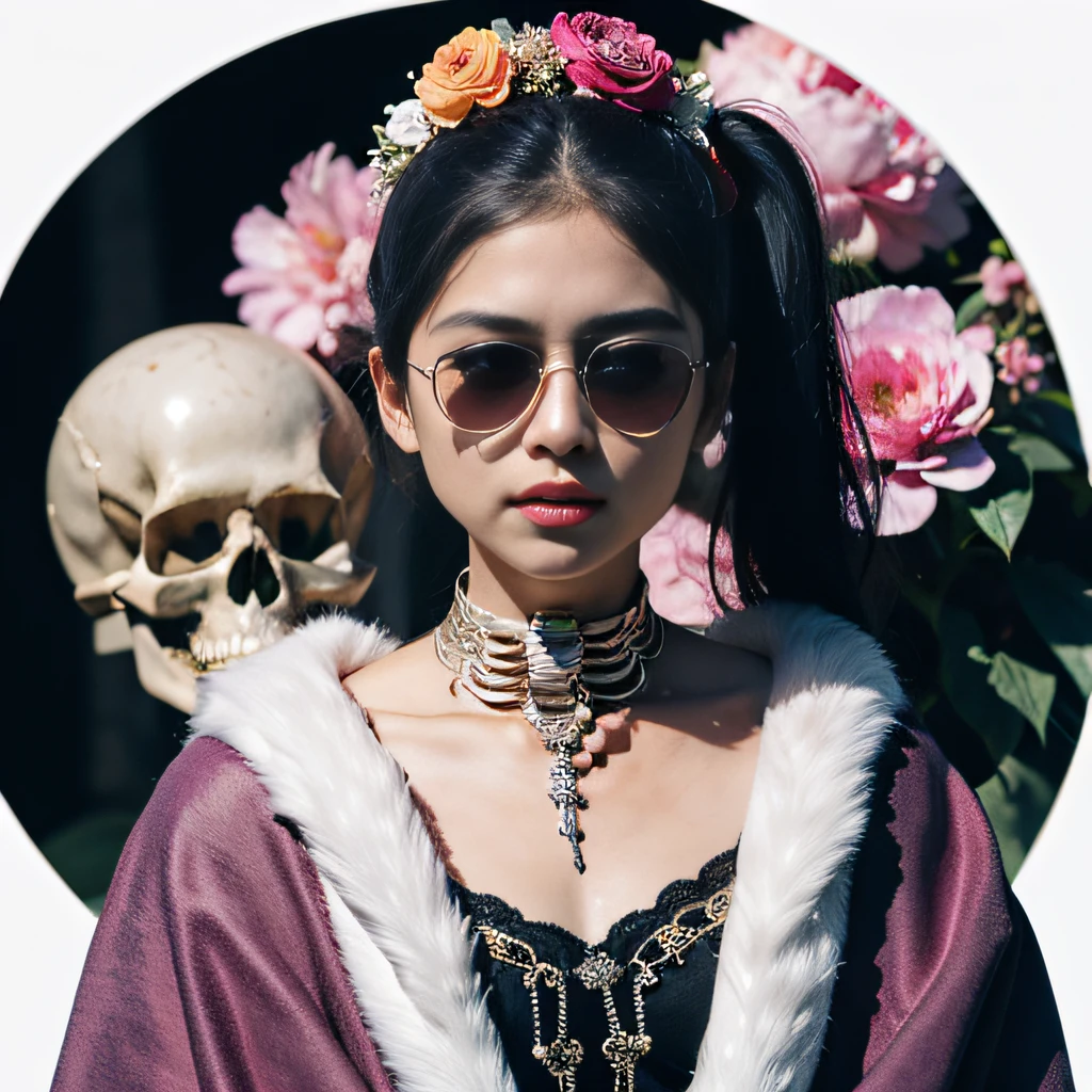 ponds,32K(tmasterpiece,k hd,hyper HD,32K)Burgundy double ponytail,flower stick,Indigo Skull King ,Hold the big G steering wheel (The skeleton is realistic:1.4),Python pattern robe,Silver skull flower ornaments,Sargin linen cloak,Petals flutter,Platinum marble sunglasses,Hold your head high,Be proud,The nostrils look at people,A , A high resolution, the detail, RAW photogr, Sharp Re, Nikon D850 Film Stock Photo by Jefferies Lee 4 Kodak Portra 400 Camera F1.6 shots, Rich colors, ultra-realistic vivid textures, Dramatic lighting, Unreal Engine Art Station Trend, cinestir 800,Hold your head high,Be proud,The nostrils look at people,Tsundere,Petals flutter,Petals flutter,Sprinkle with gold dust,Fluttering,Impeccable,( reasonable design, Clear lines, High sharpness,Best quality, Very detailed skeleton, The skeleton of a masterpiece, offcial art, movie light effect, 4K skeleton(((Platinum marble sunglasses)))Platinum marble sunglasses