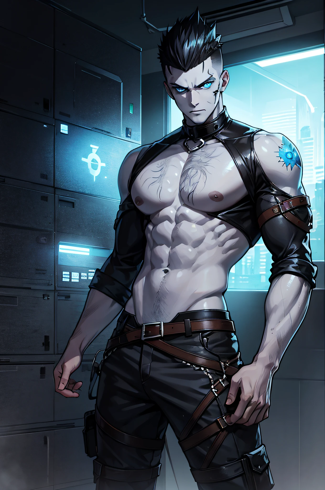 Male Character. He is a Zombie. He has black hair. He has a short Mohawk hairstyle. He has glowing, light blue eyes. He is well built. He is tall.